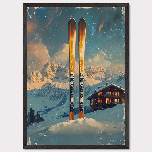 This enchanting poster portrays a serene winter scene with a skier gracefully gliding through untouched snow. The tranquil beauty of the snowy landscape, combined with the soft hues of a setting sun, creates an atmosphere of peace and connection with nature. The minimalistic style emphasizes simplicity and elegance.