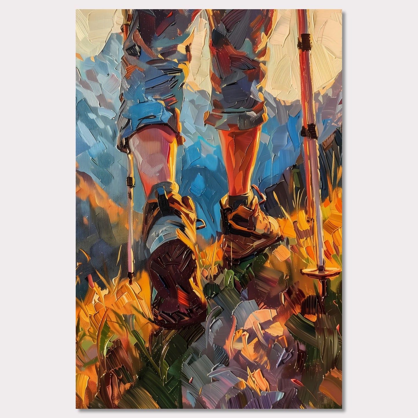 This illustration depicts a hiker's legs and feet as they traverse a vibrant, mountainous landscape. The scene is painted with bold, expressive brushstrokes, emphasizing the dynamic movement and rugged terrain.