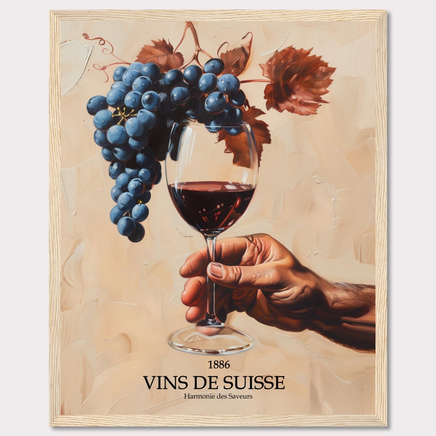 This captivating image showcases a hand holding a glass of red wine, with a luscious bunch of grapes hanging above it. The background is painted in warm, earthy tones, enhancing the rich colors of the grapes and wine.