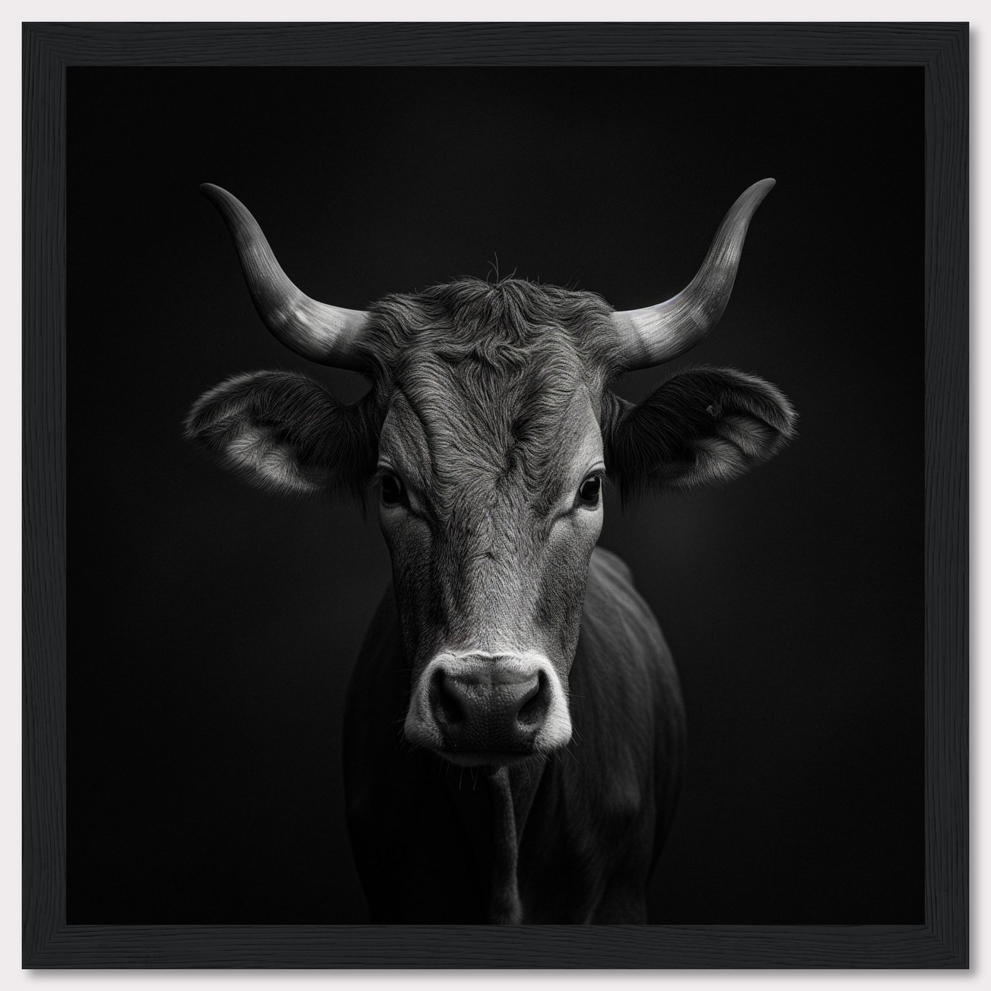 This stunning black and white photograph captures the striking image of a cow, highlighting its majestic horns and serene expression. The detailed texture of the cow's fur is beautifully contrasted against the dark background, creating a powerful visual impact.