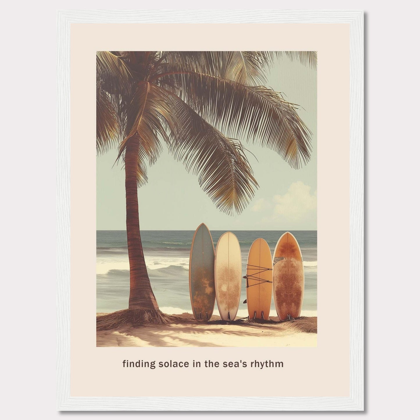 This image captures a serene beach scene with surfboards resting against a palm tree, inviting you to find peace in the ocean's rhythm.