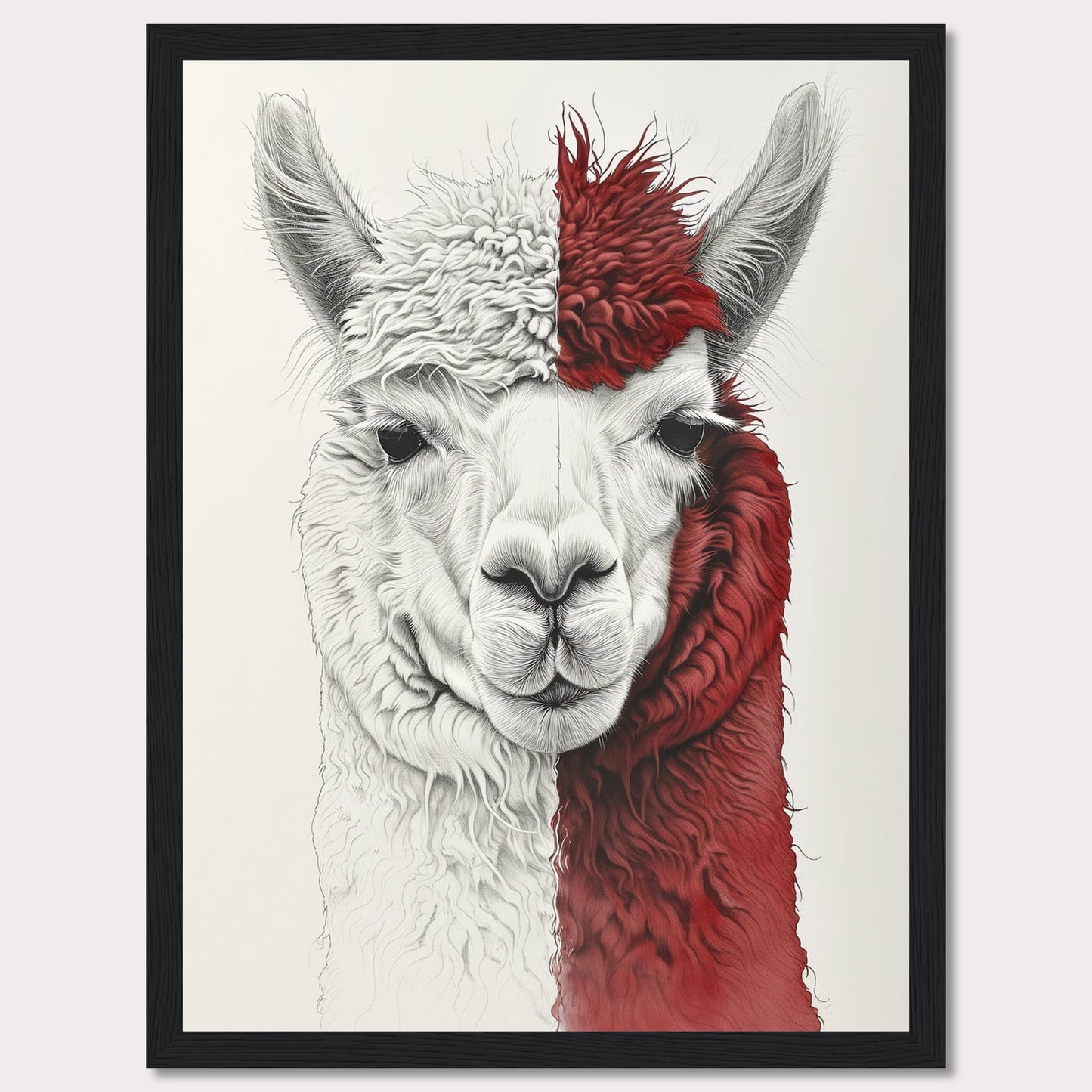 This striking artwork features a detailed illustration of an alpaca with a unique half-white, half-red fur pattern. The intricate lines and textures bring the alpaca's gentle expression to life, making it a captivating piece for any space.