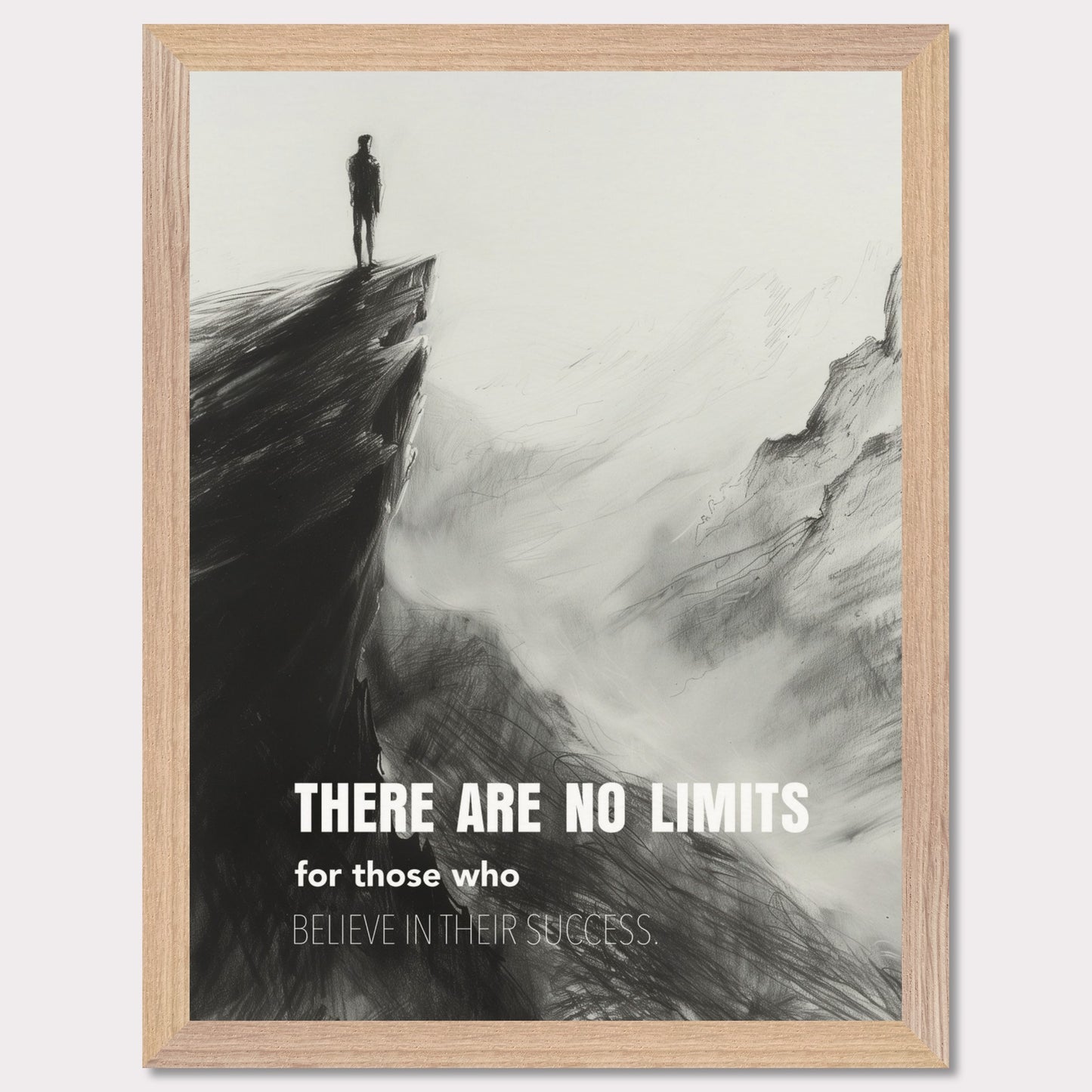 This image depicts a person standing at the edge of a cliff, looking out over a vast, foggy landscape. The scene is rendered in black and white, giving it a dramatic and contemplative feel. The text on the image reads: "There are no limits for those who believe in their success."