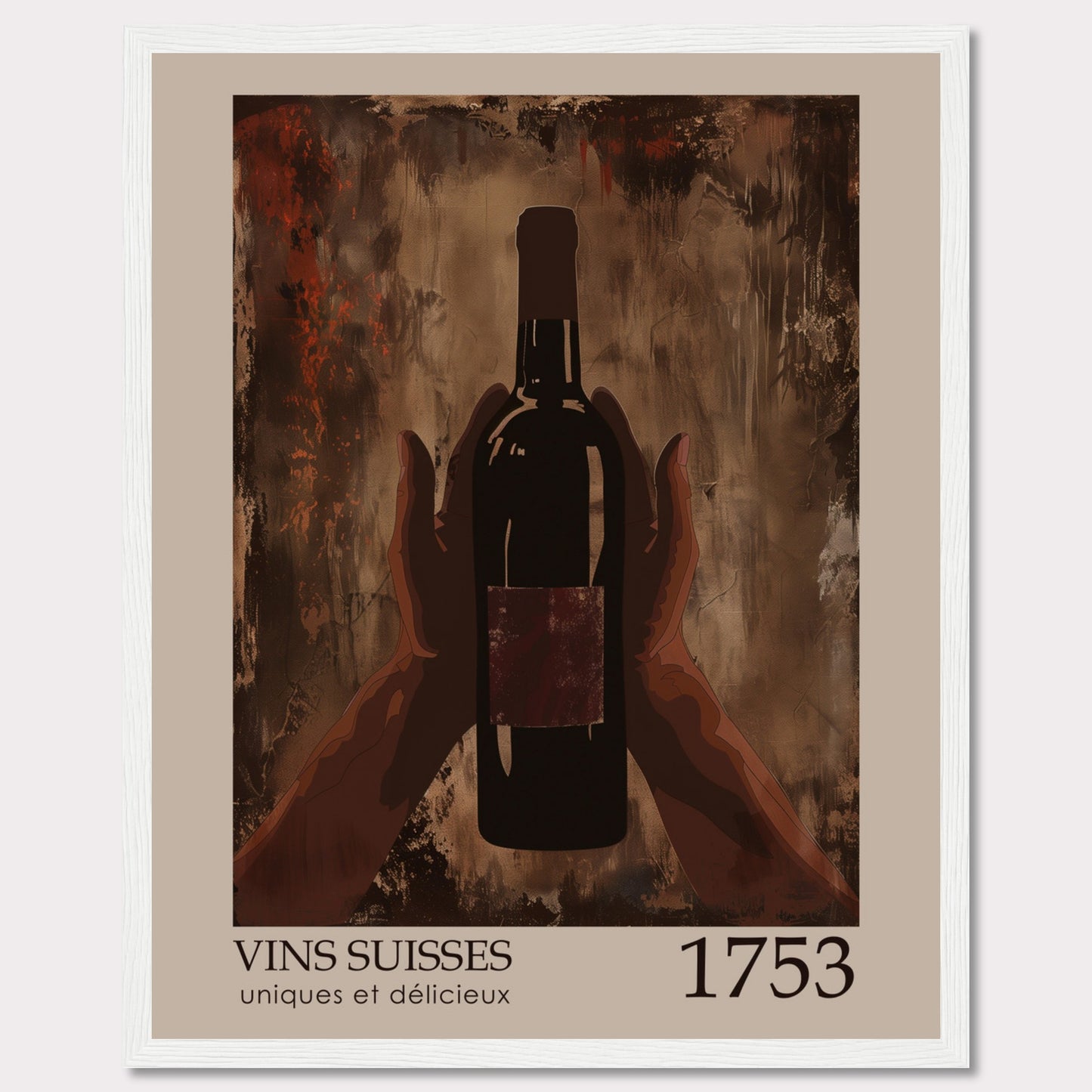 This image showcases a framed poster featuring a bottle of wine held by two hands against an abstract, textured background.