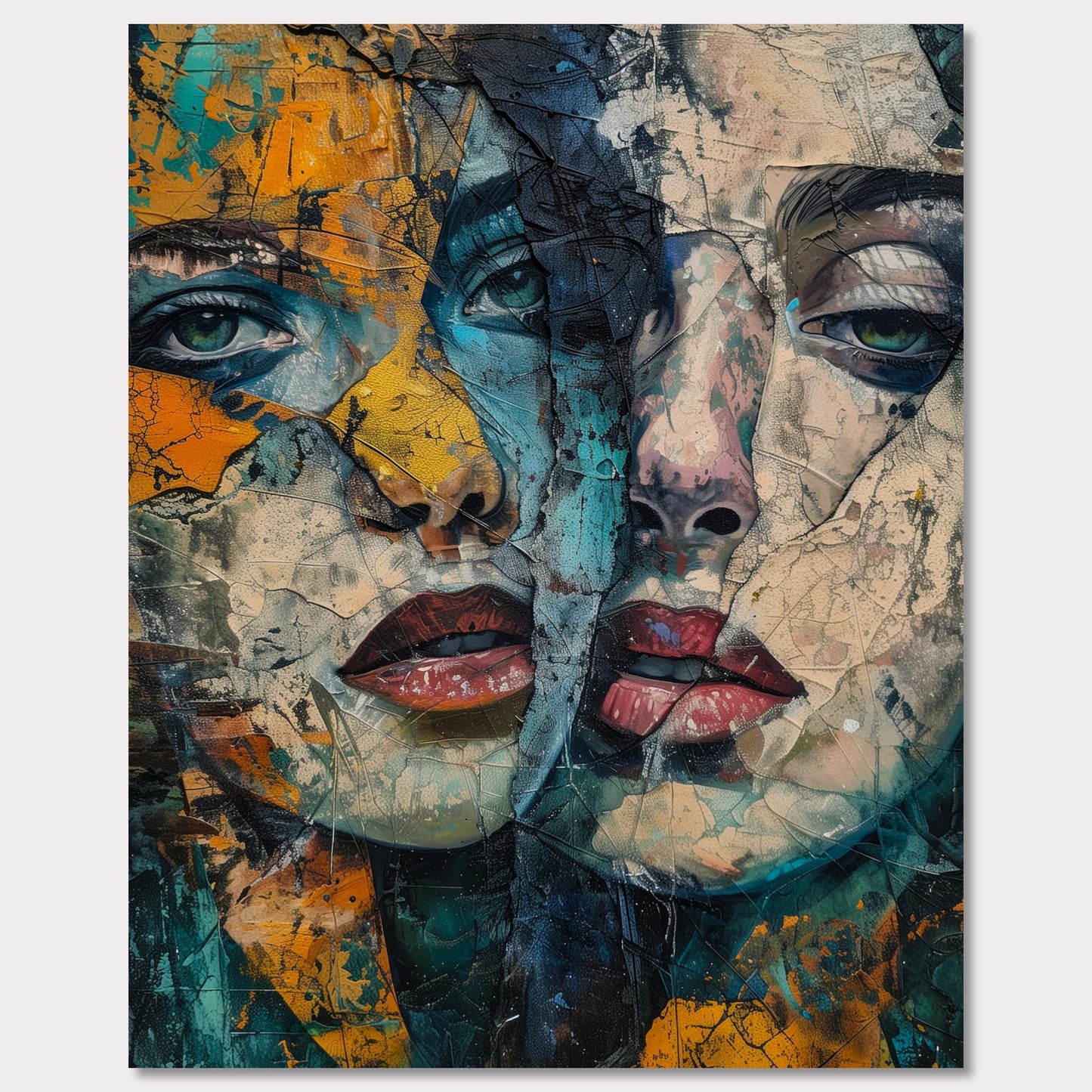 This captivating artwork features two intertwined, abstract faces with a rich blend of colors and textures. The painting exudes a sense of mystery and depth, drawing the viewer into its intricate details.