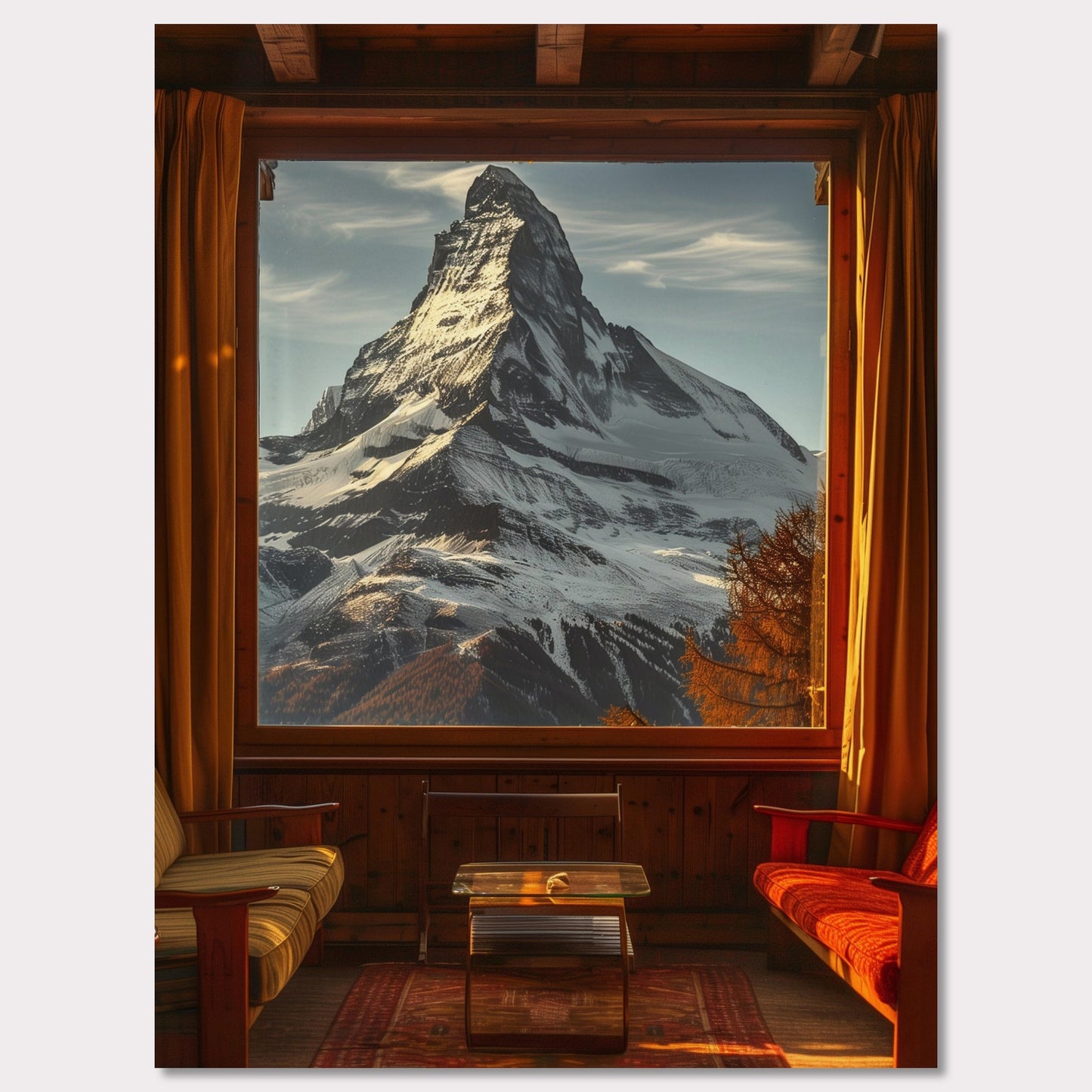 This stunning image captures a breathtaking view of a snow-capped mountain through a large window from a cozy wooden cabin. The warm interior contrasts beautifully with the majestic, cold mountain outside.