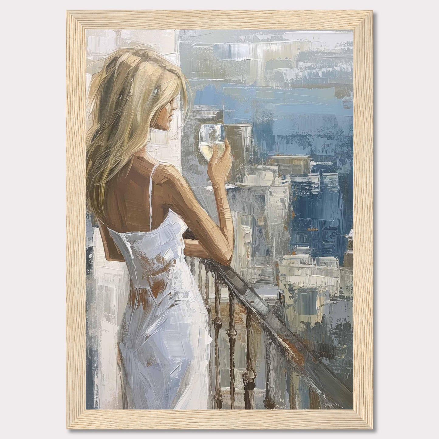 This painting depicts a serene moment where a woman, dressed in a white dress, stands on a balcony holding a glass of wine. The background features an impressionistic cityscape with various shades of blue and gray.