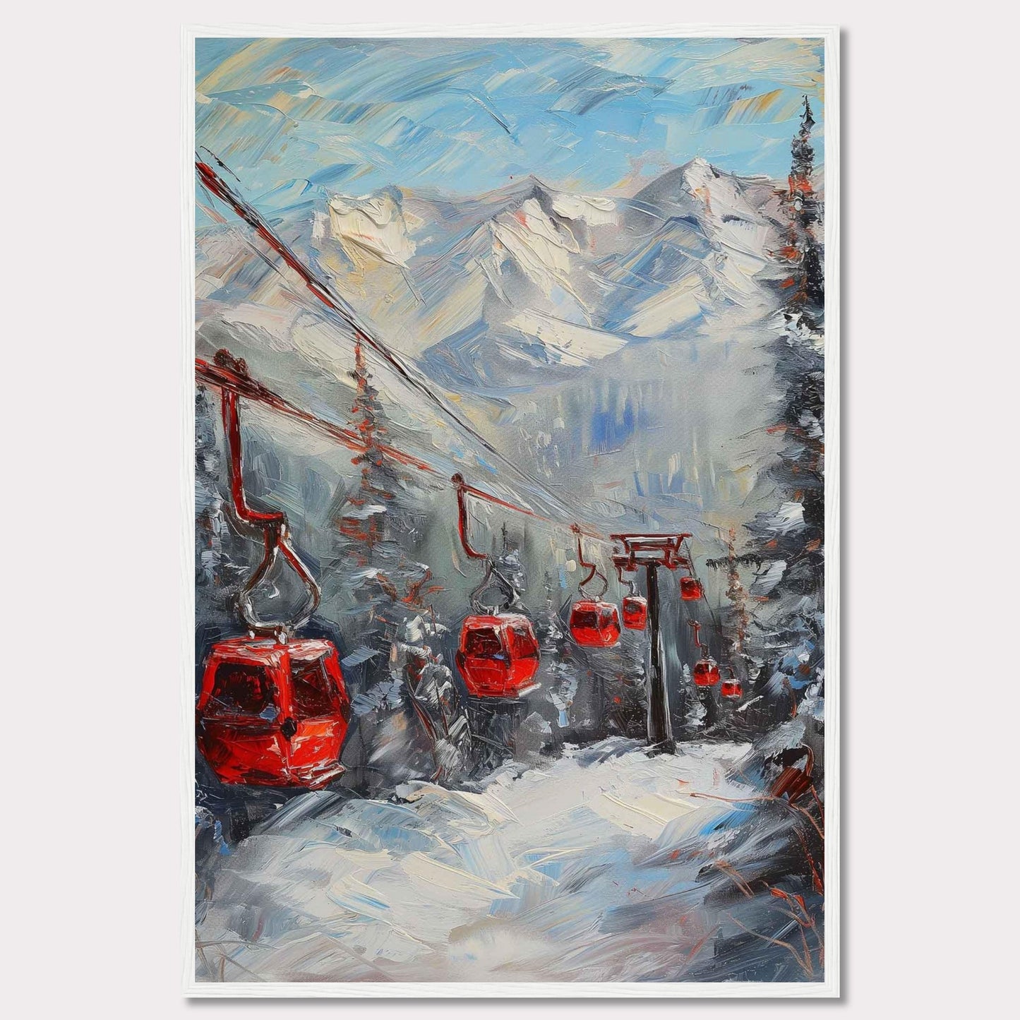 This captivating painting showcases a vibrant winter scene with red cable cars gliding through a snowy mountain landscape.