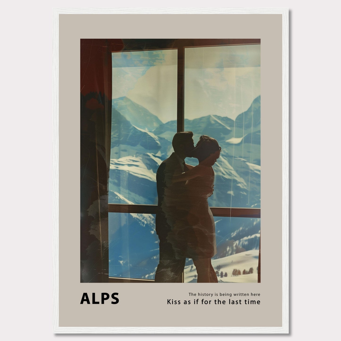 A romantic poster featuring a couple sharing a kiss with the breathtaking backdrop of the Alps visible through a large window. The serene snowy mountains and clear blue sky add to the emotional ambiance.