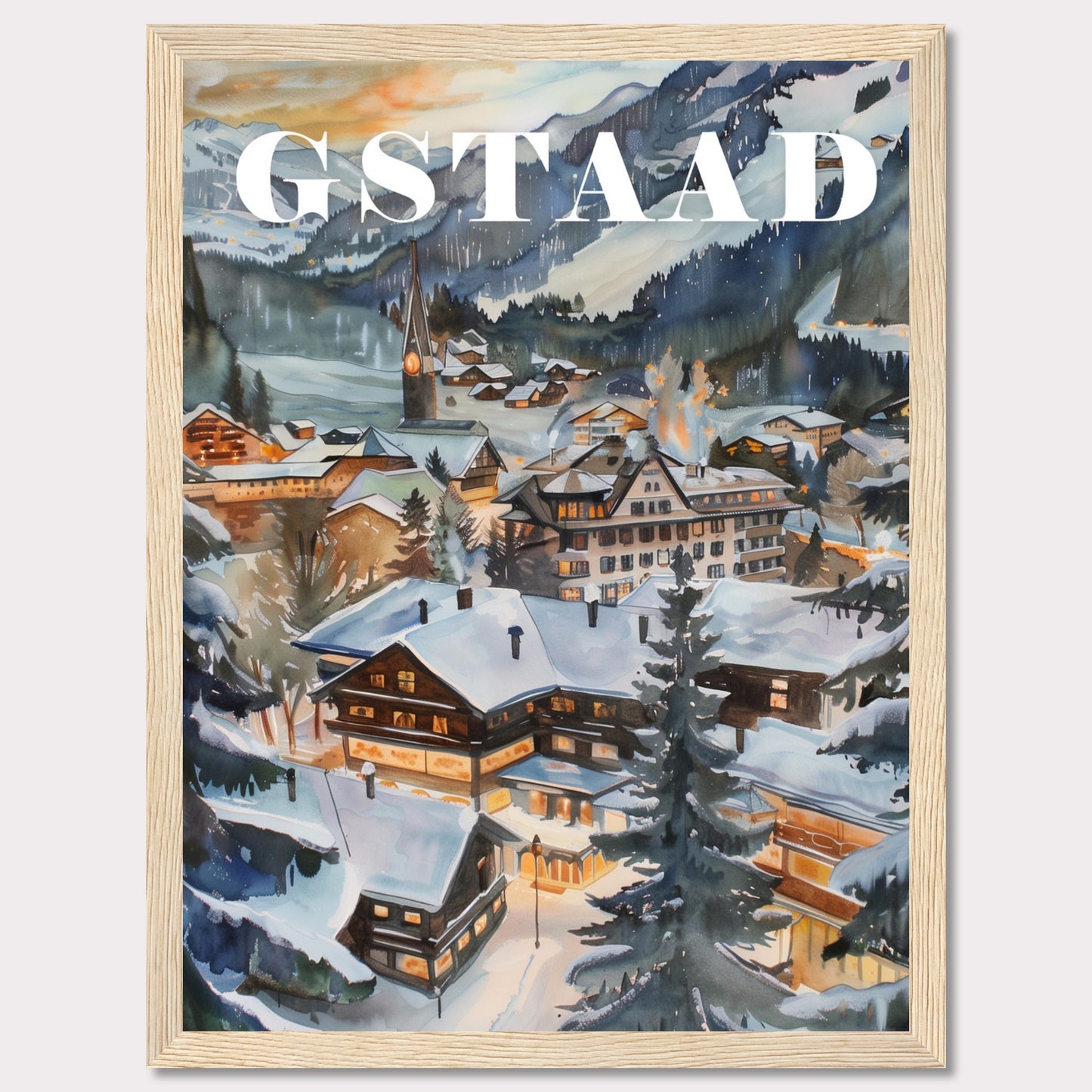 This image showcases a beautiful winter scene of Gstaad, a picturesque village nestled in the Swiss Alps. The painting captures the charm of snow-covered chalets, pine trees, and a serene mountainous backdrop under a soft evening sky.