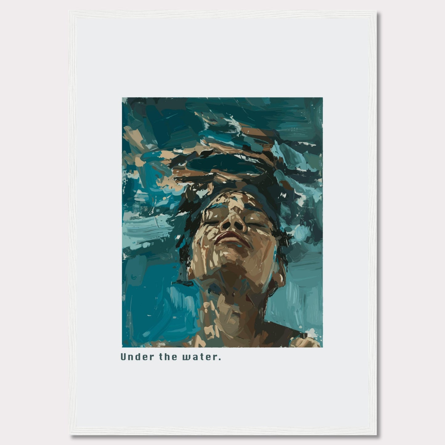 This captivating artwork depicts a serene moment of tranquility and introspection. The image shows a person submerged in water, their face emerging towards the surface, eyes closed in a peaceful expression.