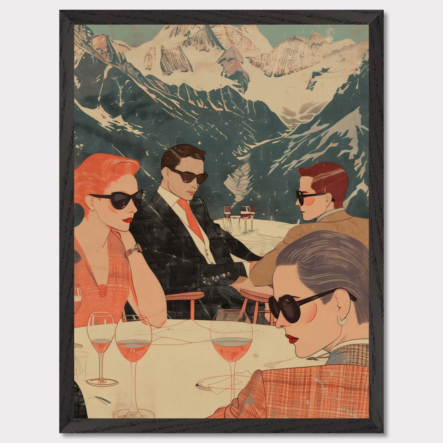 This captivating illustration depicts a stylish group of individuals enjoying a sophisticated gathering with a stunning mountain backdrop.