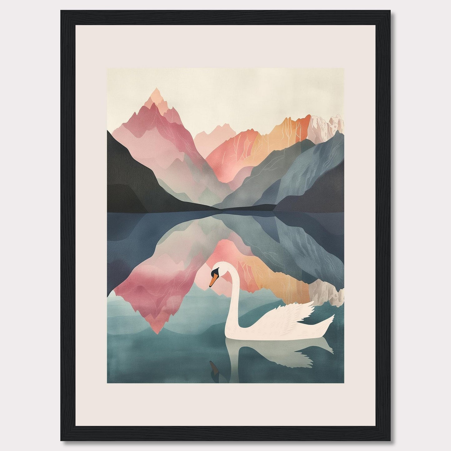 This captivating artwork features a serene swan gliding across a tranquil lake, surrounded by majestic mountains in pastel hues. The reflection of the mountains and the swan in the calm water adds a mesmerizing symmetry to the scene. The soft, muted colors evoke a sense of peace and tranquility.