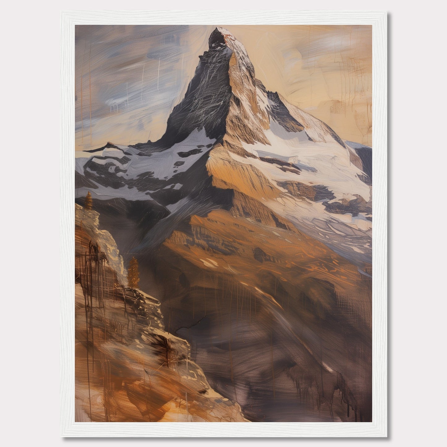 This stunning artwork captures the majestic beauty of a towering mountain peak bathed in warm, golden light. The painting showcases the rugged textures and dramatic contrasts of the rocky terrain, with snow-capped sections adding to its grandeur.