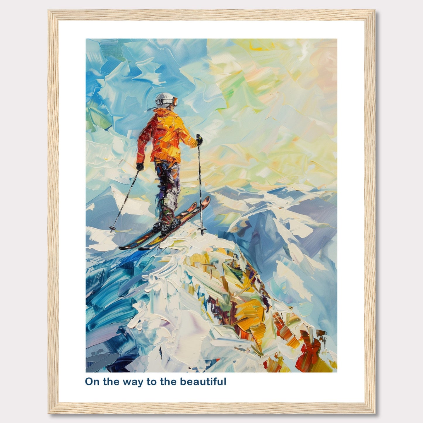 This vibrant painting captures a skier standing at the peak of a snowy mountain, ready to descend. The skier is dressed in an orange jacket and helmet, holding ski poles. The background features a stunning array of colors depicting the sky and distant mountains.