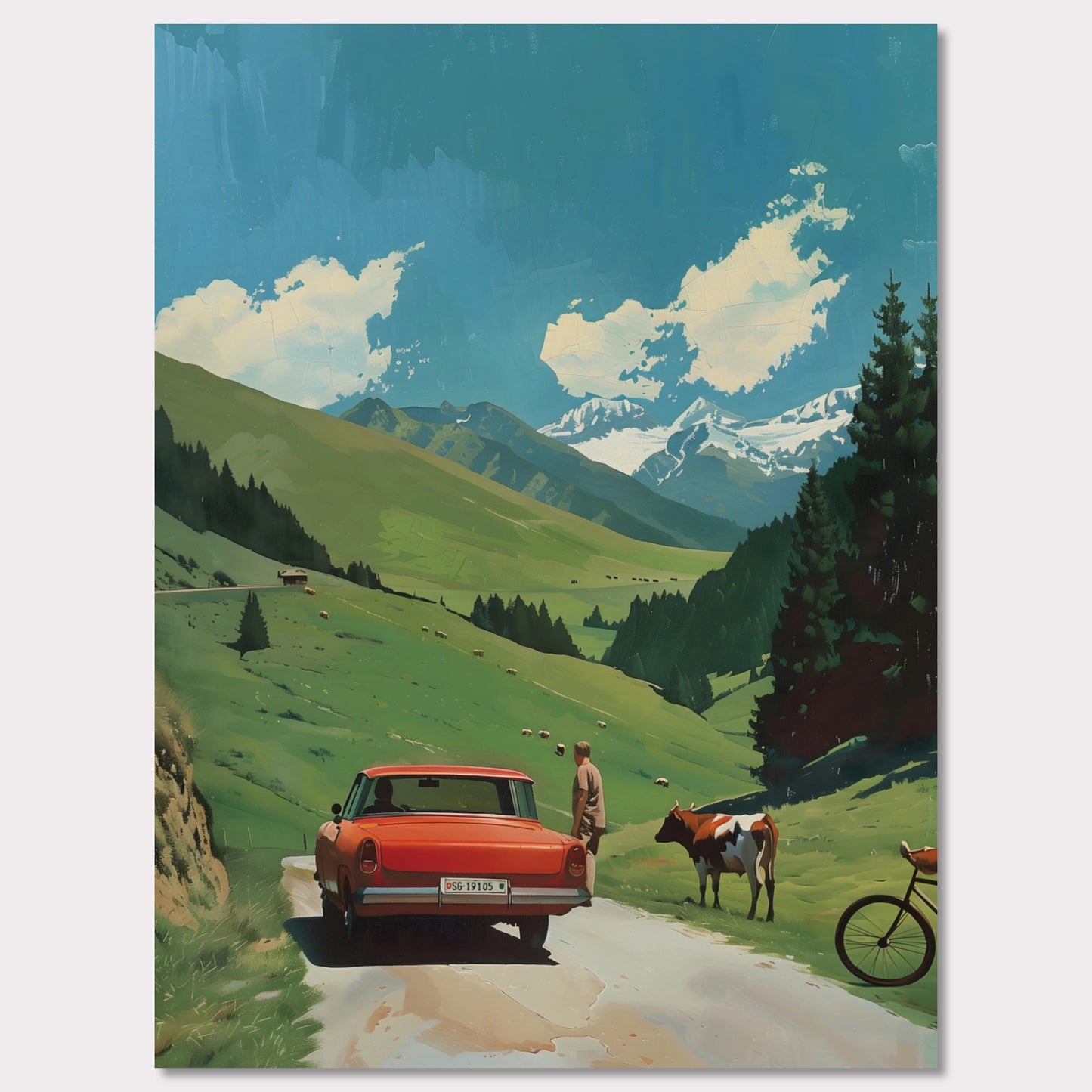 This picture depicts a serene countryside scene with a vibrant red car parked on a narrow road. A person stands beside the car, gazing at a cow that is standing nearby. The lush green hills stretch towards majestic snow-capped mountains under a bright blue sky dotted with fluffy white clouds. A bicycle rests against the tall pine trees, adding to the tranquil rural atmosphere.