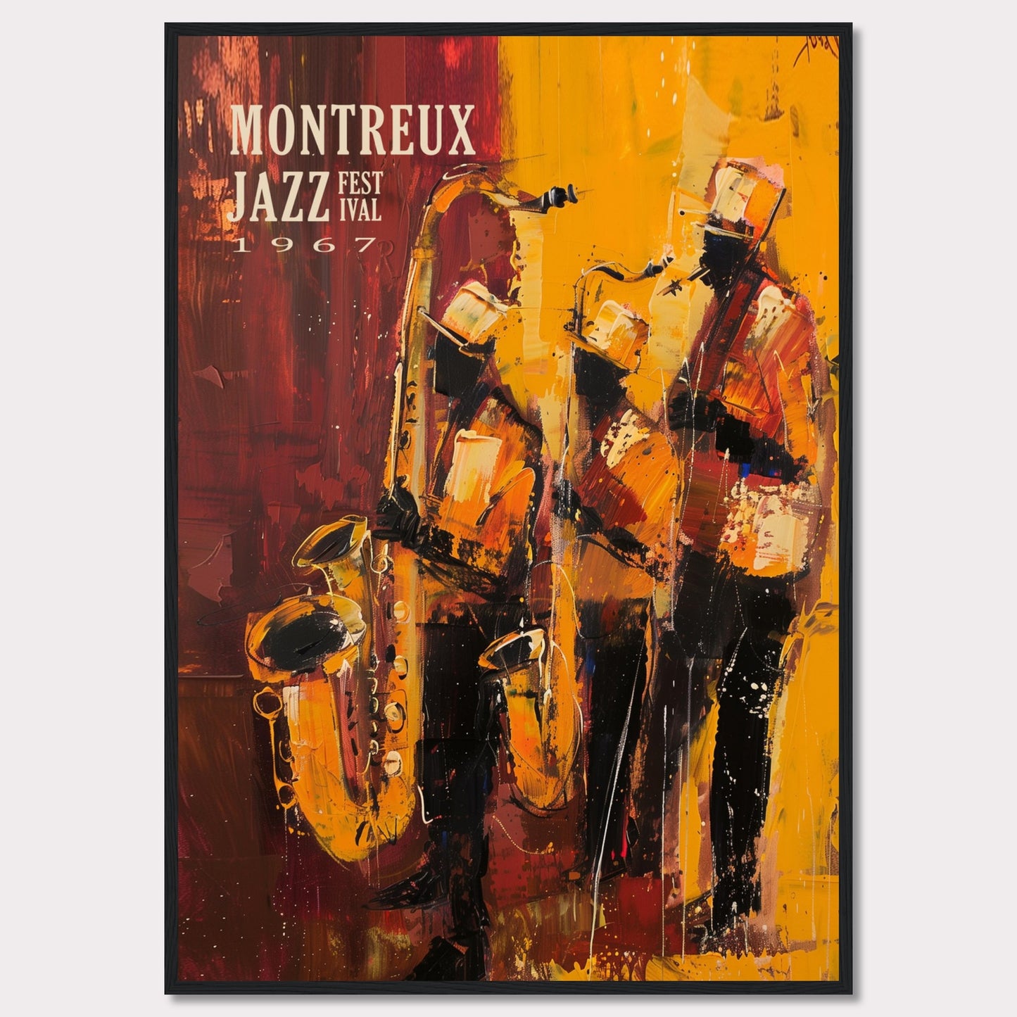 This vibrant art poster showcases the Montreux Jazz Festival from 1967. The artwork features an abstract depiction of three jazz musicians passionately playing their instruments, with rich hues of red, yellow, and orange capturing the dynamic energy of the performance.