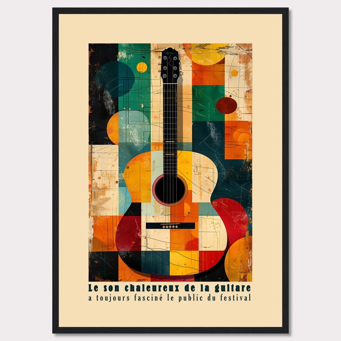 This vibrant artwork features an abstract depiction of an acoustic guitar, blending geometric shapes and bold colors. The French text at the bottom reads, "Le son chaleureux de la guitare a toujours fasciné le public du festival," which translates to "The warm sound of the guitar has always fascinated the festival audience."