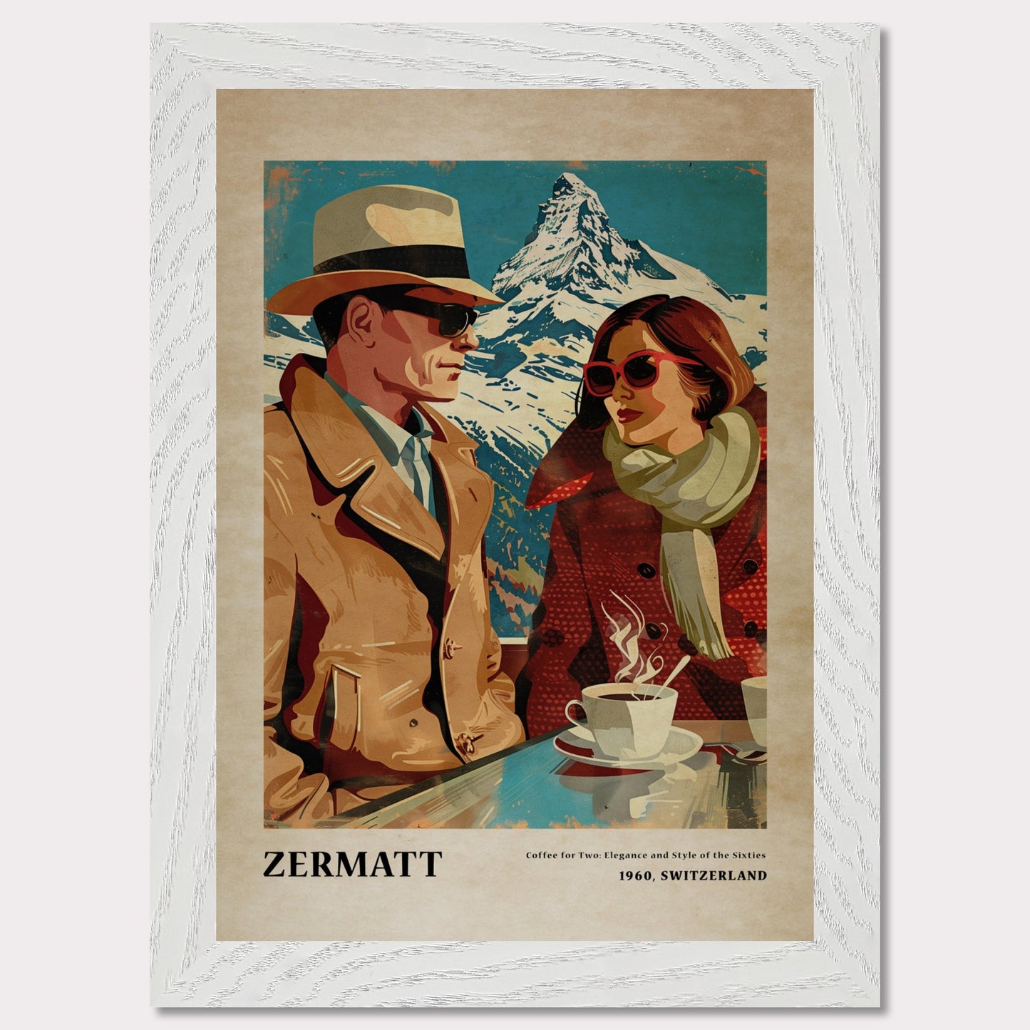 This vintage-style poster depicts a stylish couple enjoying coffee with a snowy mountain backdrop in Zermatt, Switzerland.