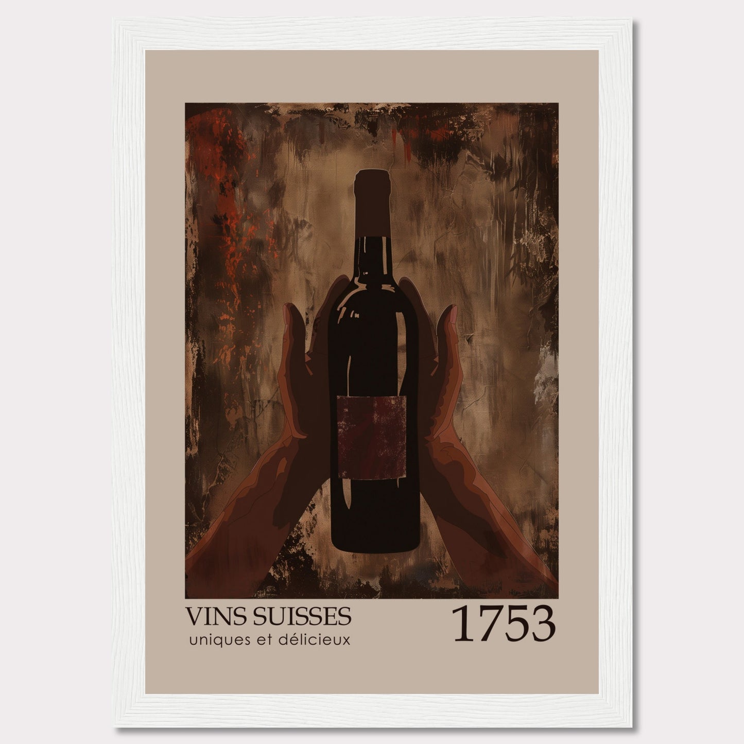 This image showcases a framed poster featuring a bottle of wine held by two hands against an abstract, textured background.