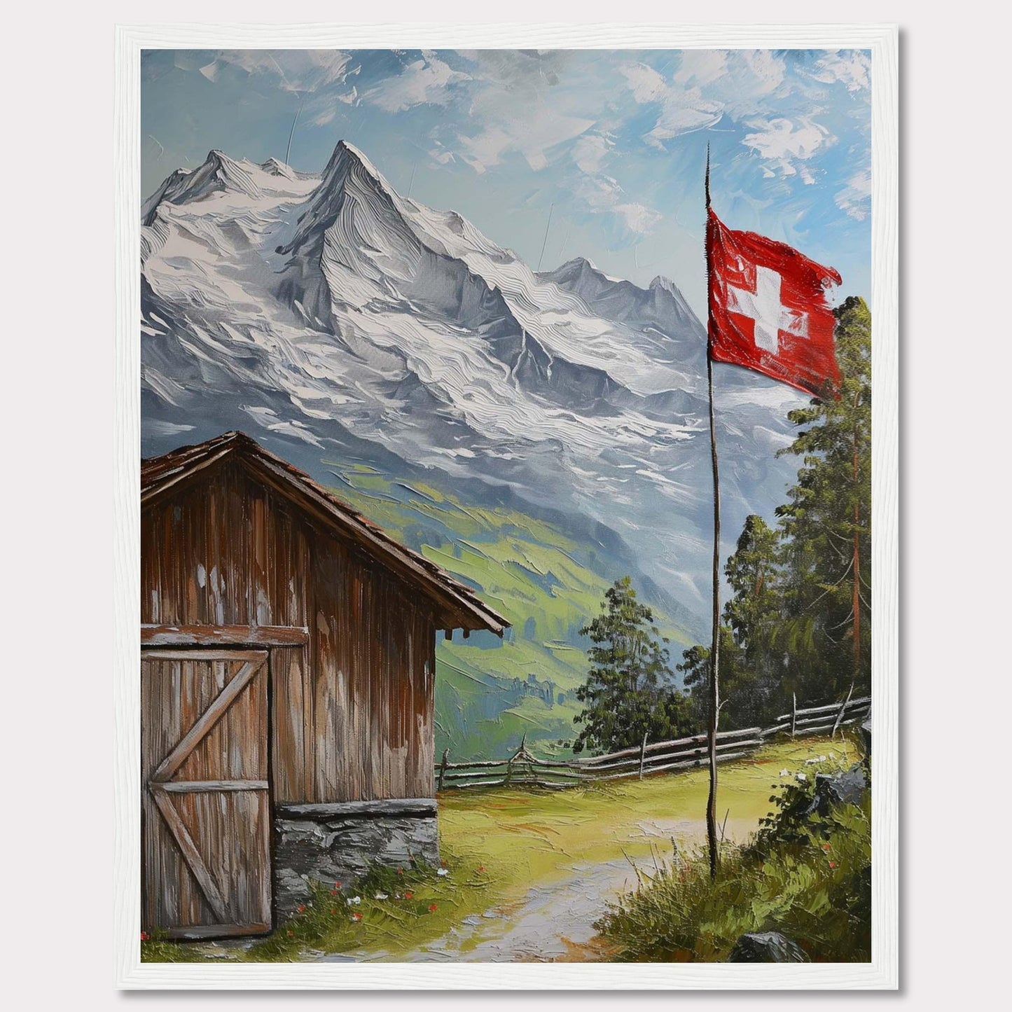 This image depicts a serene mountain scene with a rustic wooden cabin, a Swiss flag fluttering in the breeze, and majestic snow-capped peaks in the background. The lush greenery and clear blue sky add to the tranquil atmosphere.