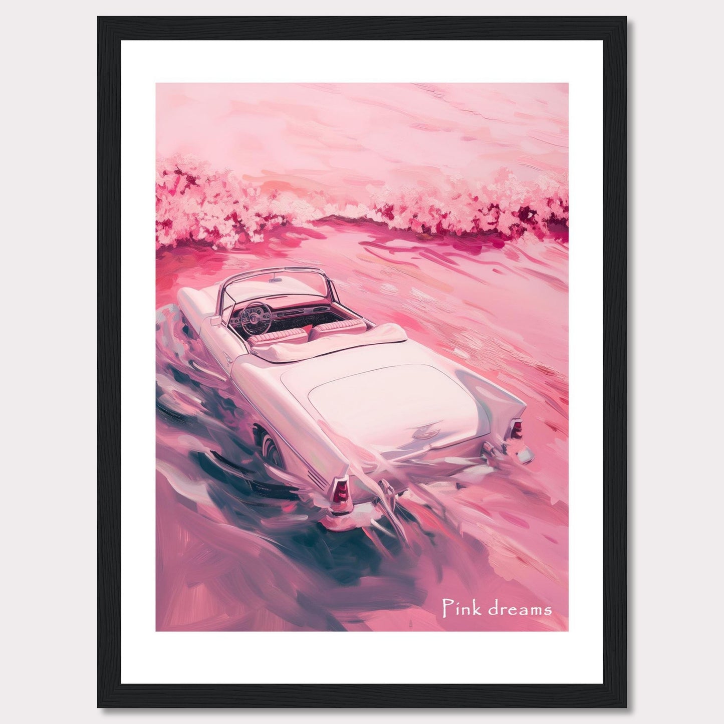 This artwork features a dreamy scene with a vintage convertible car driving through a pink-hued landscape. The soft, pastel colors create a serene and nostalgic atmosphere.