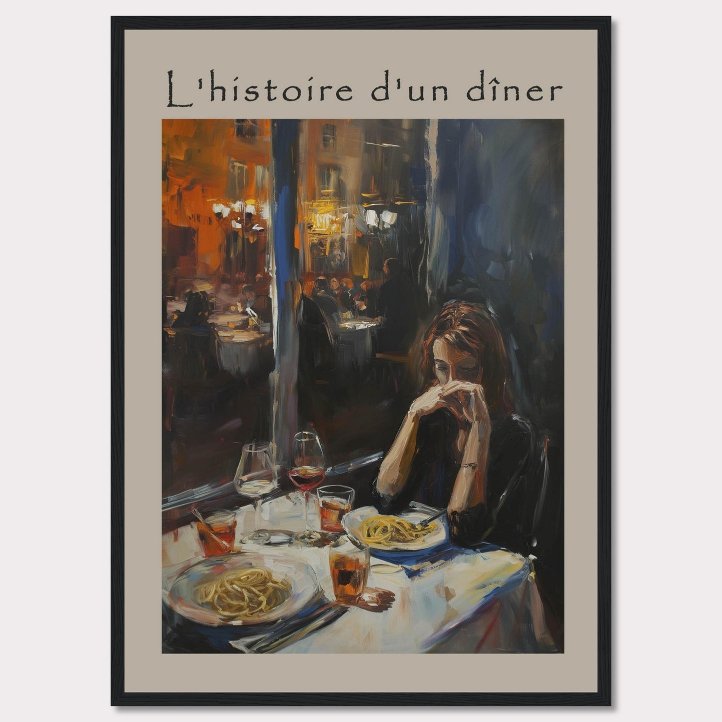 This painting, titled "L'histoire d'un dîner," depicts a solitary woman deep in thought at a dinner table. The scene is set in a warmly lit restaurant, with other diners visible in the background. The table is elegantly set with plates of pasta and glasses of wine, creating an intimate and reflective atmosphere.