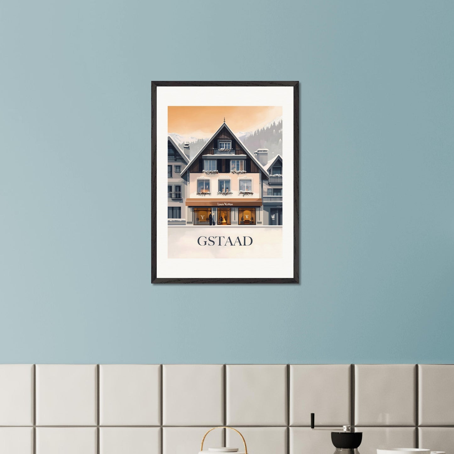 A chic and stylish poster showcasing a luxury boutique in Gstaad, framed by elegant alpine architecture. The blend of modern sophistication and traditional Swiss charm creates a timeless appeal.