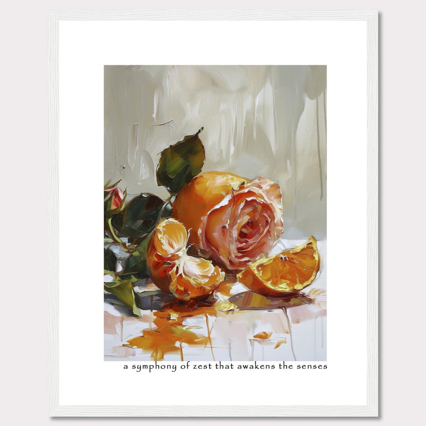 This captivating painting features a delicate rose intertwined with vibrant orange segments, creating a stunning contrast of colors and textures. The brushstrokes evoke a sense of freshness and vitality, making it a perfect piece to invigorate any space.