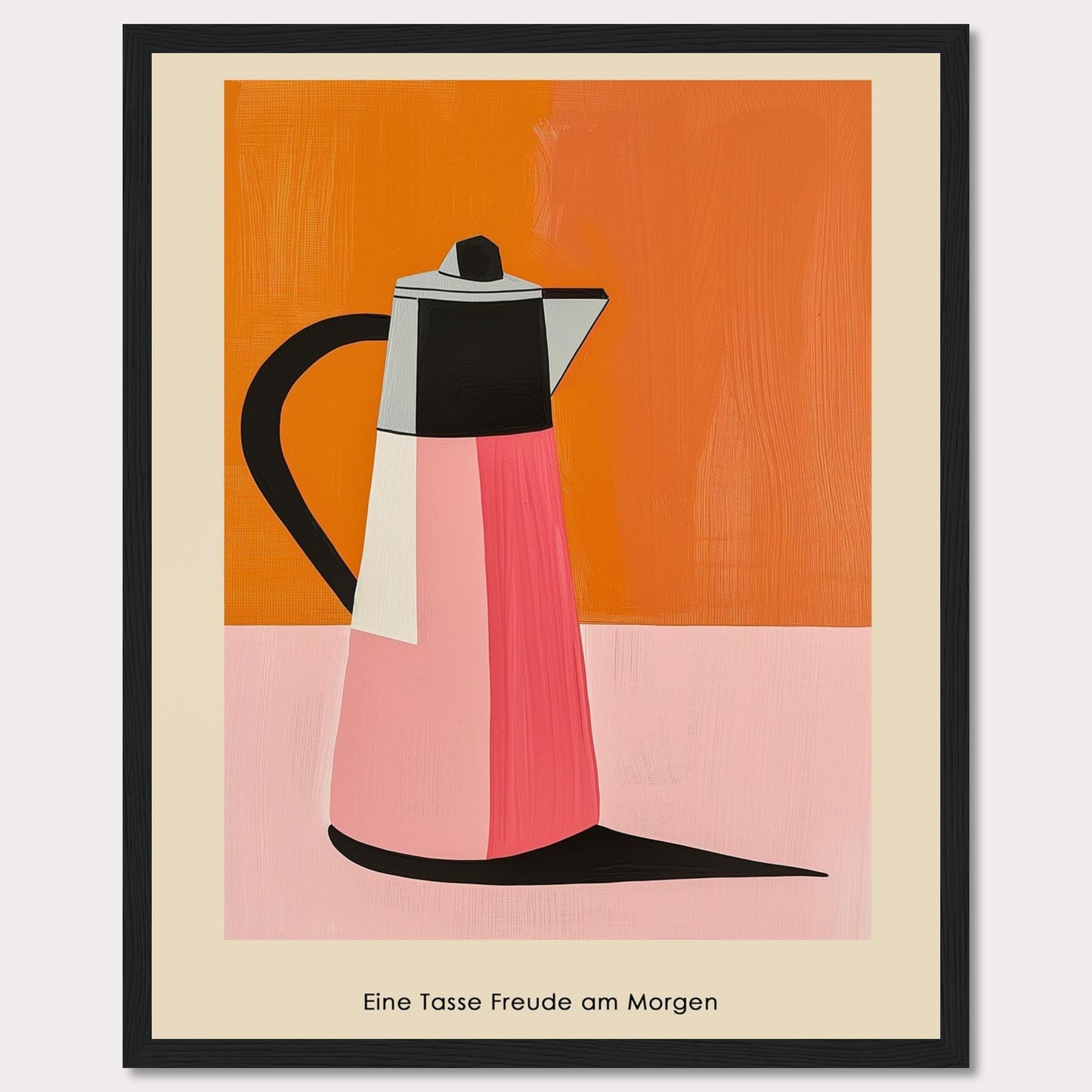 This image features a vibrant, modern art depiction of a coffee pot against a bold orange and pink background.