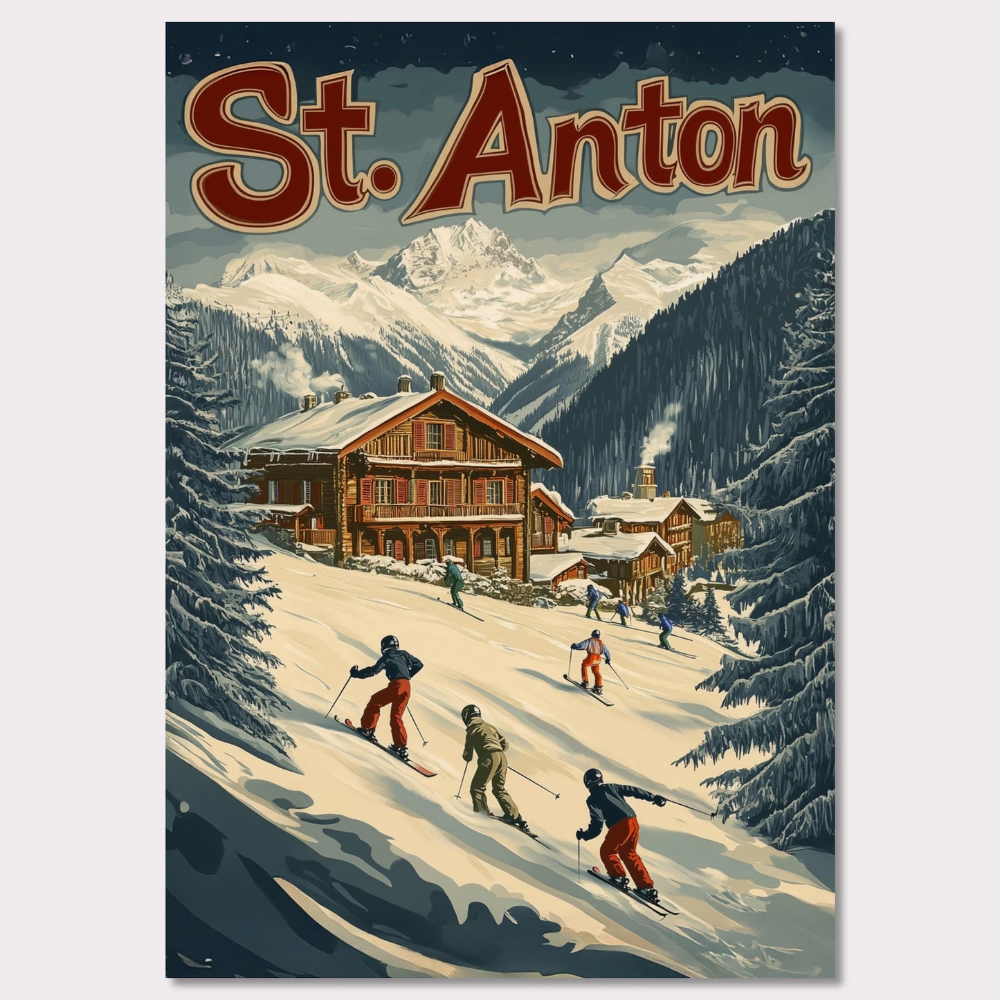 This minimalist yet striking poster captures the essence of St. Anton's alpine charm through its dynamic composition and vintage-inspired design. At the heart of the image is a group of skiers gracefully descending the snowy slopes, framed by towering evergreens and a cozy wooden chalet. The vibrant yet balanced color palette enhances the lively appeal, blending a sense of adventure and winter serenity.