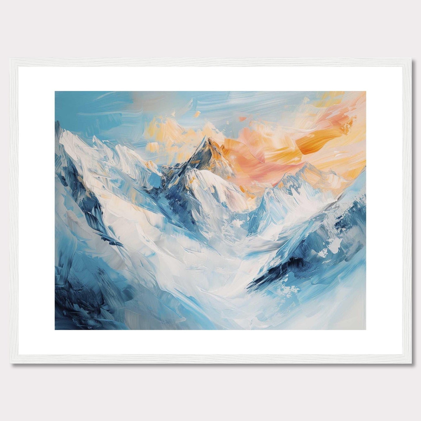 This image showcases a stunning painting of a mountain landscape, capturing the serene beauty of snow-covered peaks bathed in the warm hues of a setting sun.