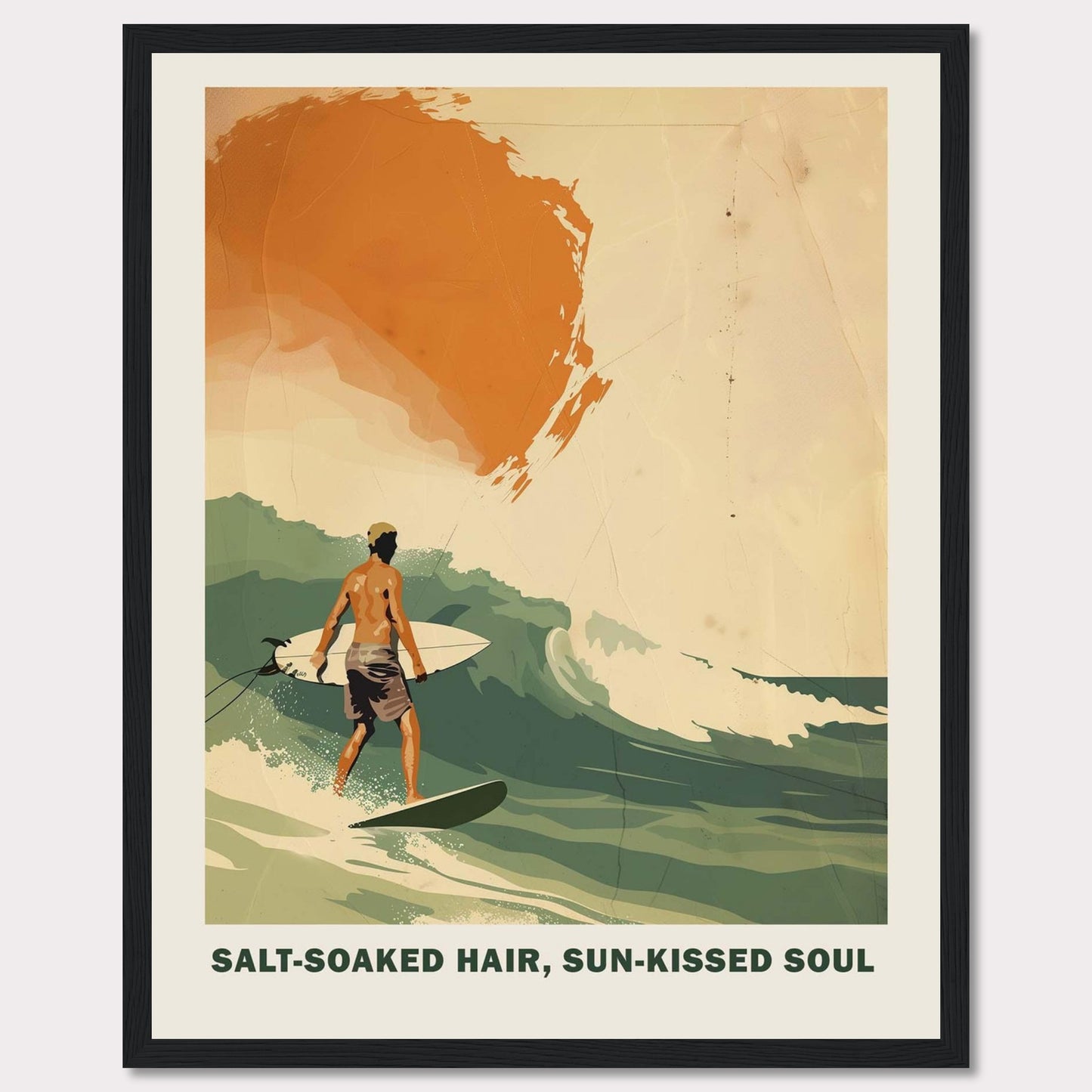 This vibrant poster showcases a surfer riding a wave with the sun setting in the background. 