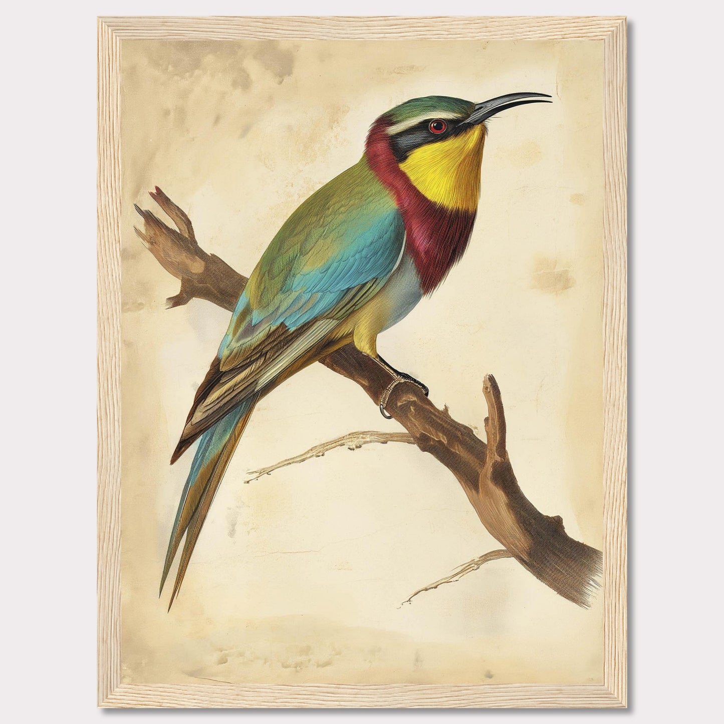 This captivating artwork features a vibrant bird perched on a branch, showcasing its colorful plumage. The background is a soft, muted beige that highlights the bird's bright hues. The bird's feathers display a stunning array of colors, including green, blue, yellow, and red. The piece is framed in a simple black frame that complements the artwork without detracting from it.