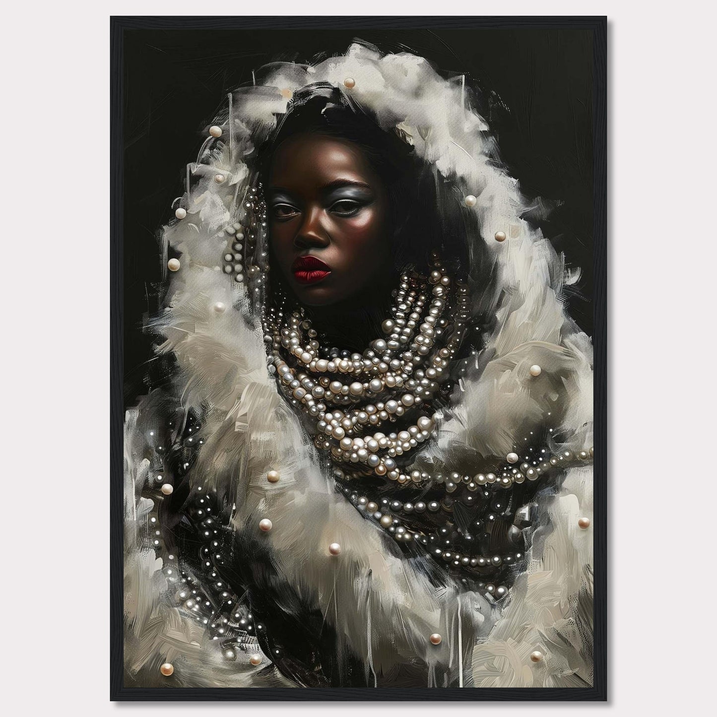 This captivating artwork features a striking portrait of a woman adorned with layers of pearls and white feathers. The dark background accentuates her luminous skin and bold red lips, creating a dramatic contrast. The intricate details of the pearls and feathers add a sense of luxury and elegance to the piece.