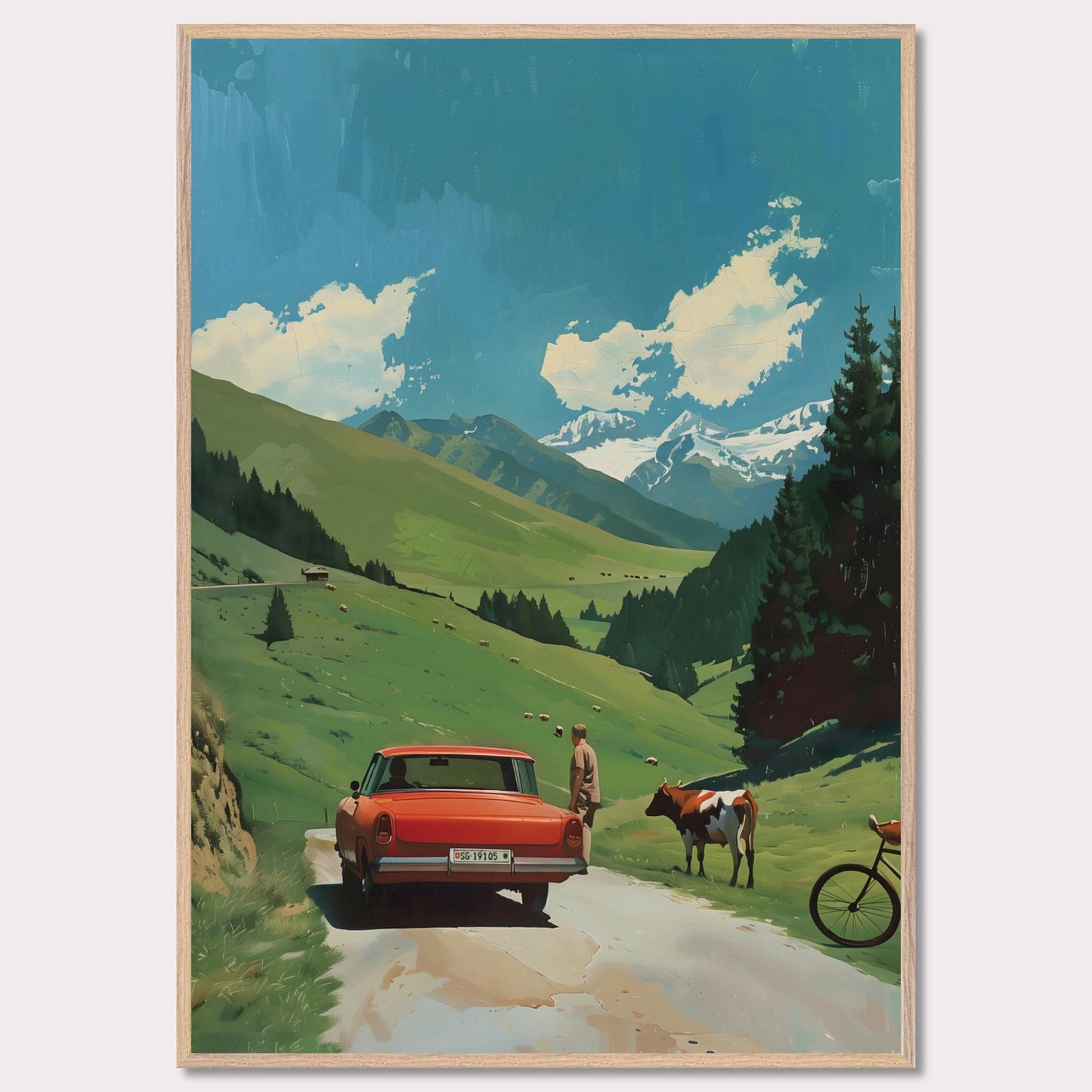 This picture depicts a serene countryside scene with a vibrant red car parked on a narrow road. A person stands beside the car, gazing at a cow that is standing nearby. The lush green hills stretch towards majestic snow-capped mountains under a bright blue sky dotted with fluffy white clouds. A bicycle rests against the tall pine trees, adding to the tranquil rural atmosphere.