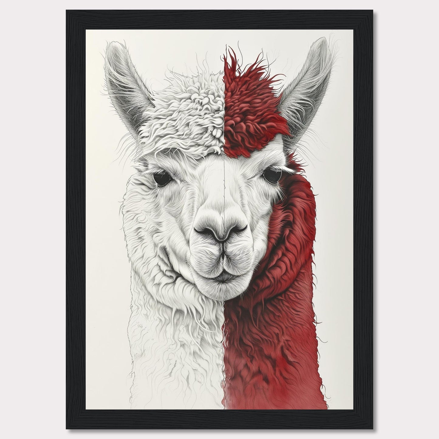 This striking artwork features a detailed illustration of an alpaca with a unique half-white, half-red fur pattern. The intricate lines and textures bring the alpaca's gentle expression to life, making it a captivating piece for any space.