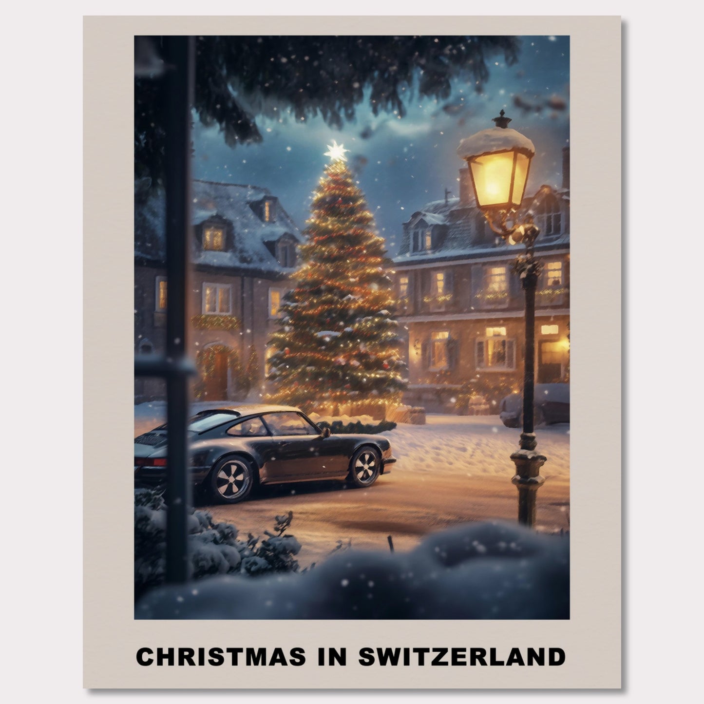 This heartwarming poster depicts a magical Swiss town square adorned with a glowing Christmas tree under a snowy evening sky. A classic vintage car adds a nostalgic charm, parked amidst festive lights and cozy, snow-covered houses. The scene invites you to experience the serene joy of a Swiss Christmas.