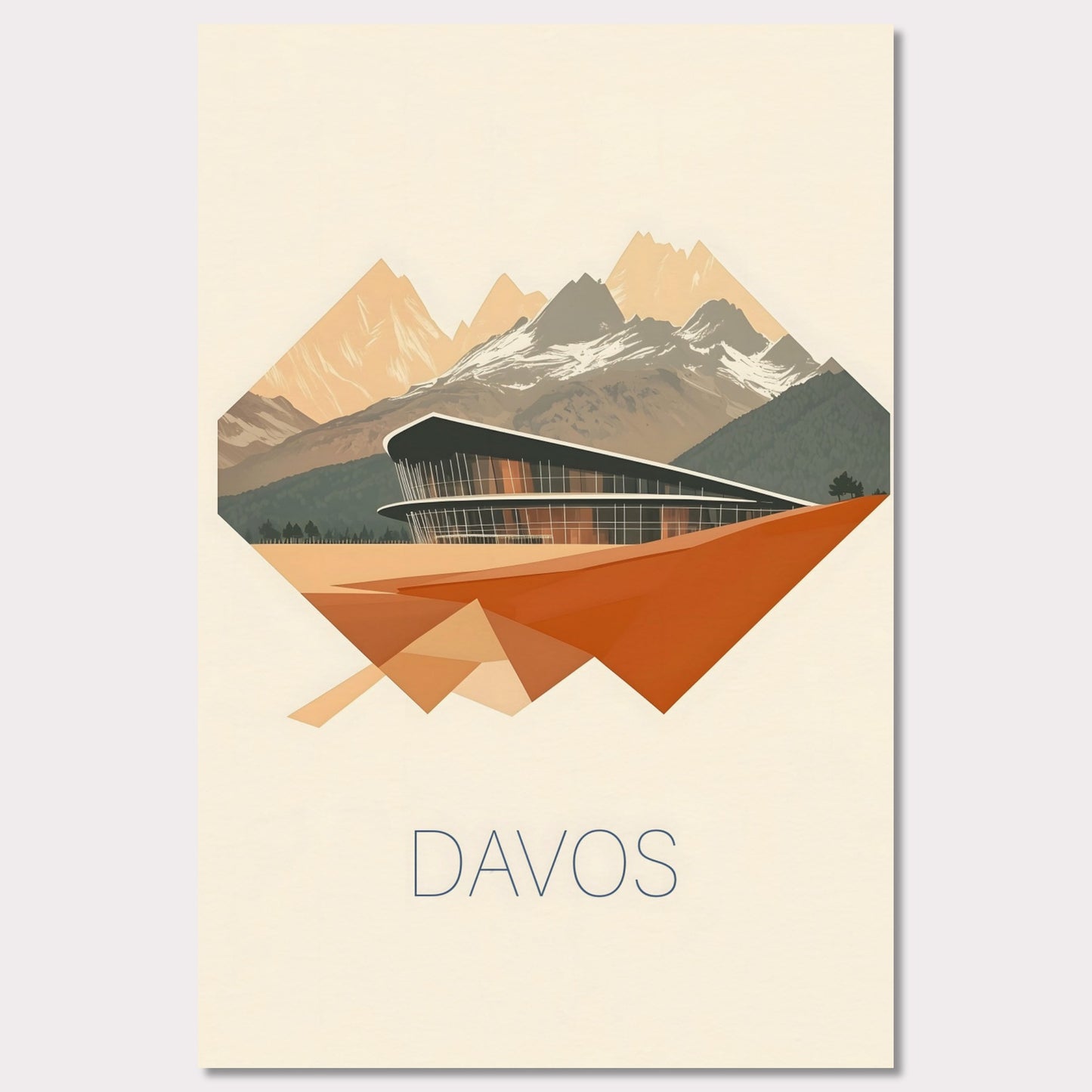 A visually striking poster featuring Davos’ futuristic architecture, integrated into an angular, geometric design. The sharp lines and warm earth tones contrast with the cool mountain backdrop, creating a bold, dynamic effect.