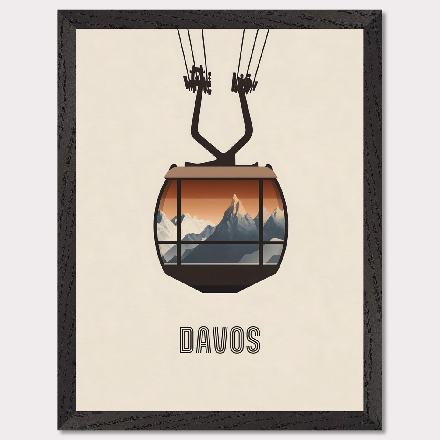 A striking minimalist poster featuring a cable car with a breathtaking view of the Swiss Alps. The warm tones contrast with the cool mountain peaks, evoking the excitement of alpine adventures.