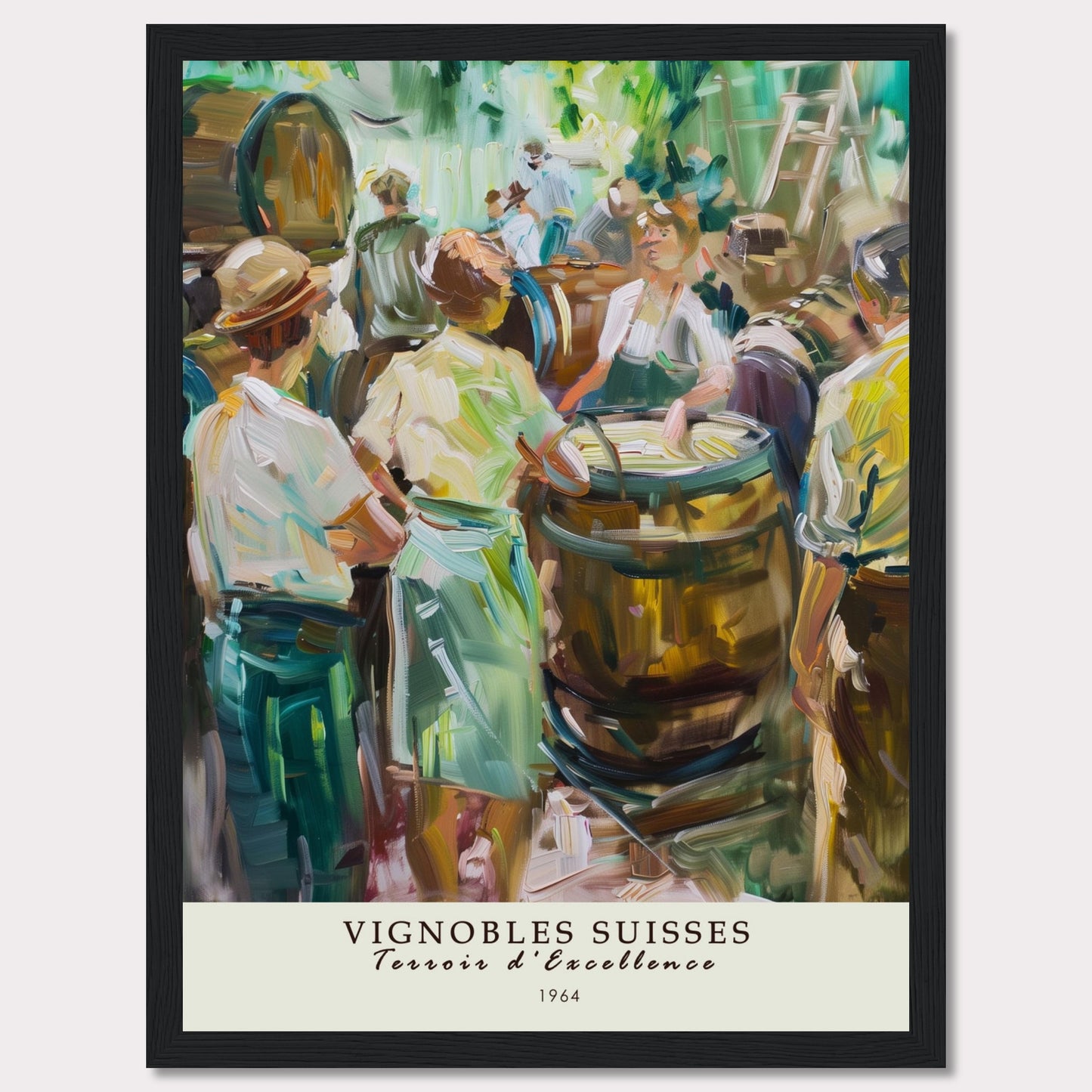 This vibrant painting captures a lively scene of people gathered around wine barrels, reflecting the rich tradition of Swiss vineyards.