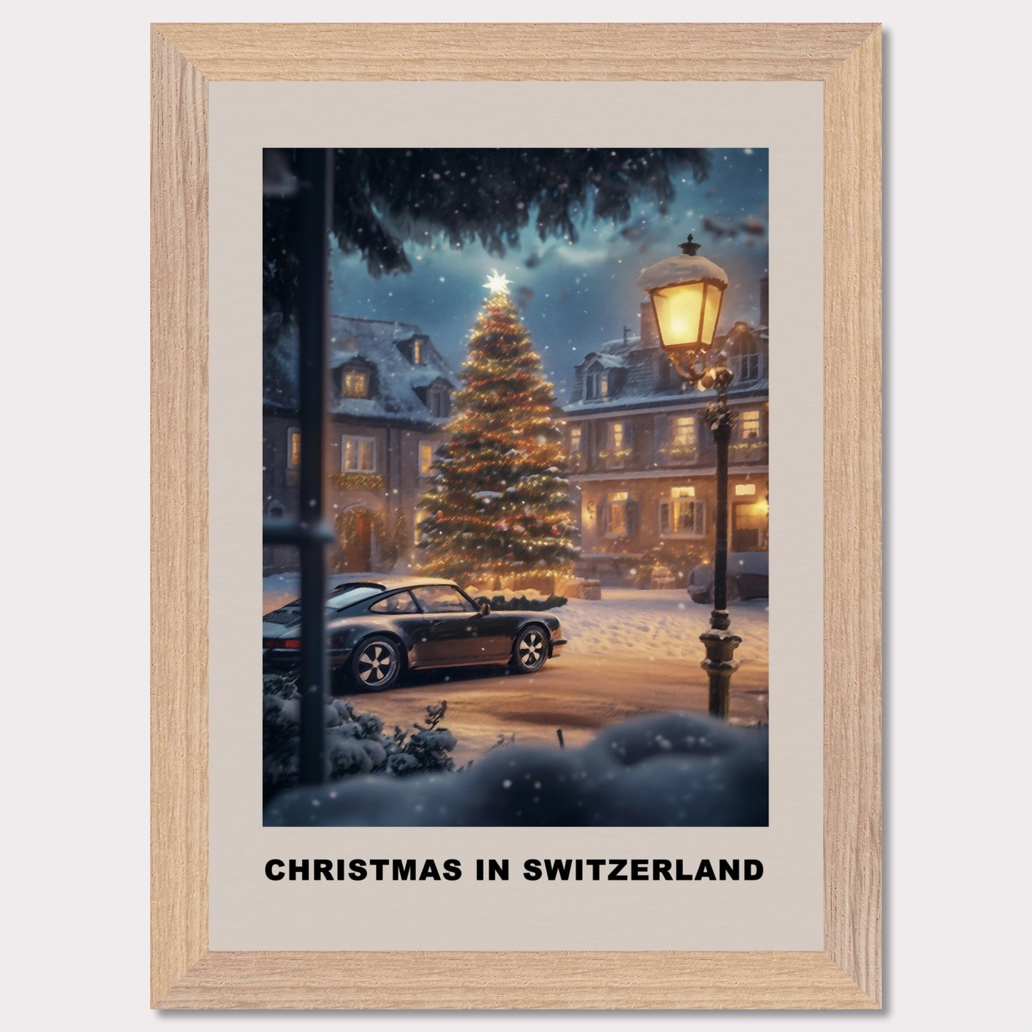 This heartwarming poster depicts a magical Swiss town square adorned with a glowing Christmas tree under a snowy evening sky. A classic vintage car adds a nostalgic charm, parked amidst festive lights and cozy, snow-covered houses. The scene invites you to experience the serene joy of a Swiss Christmas.