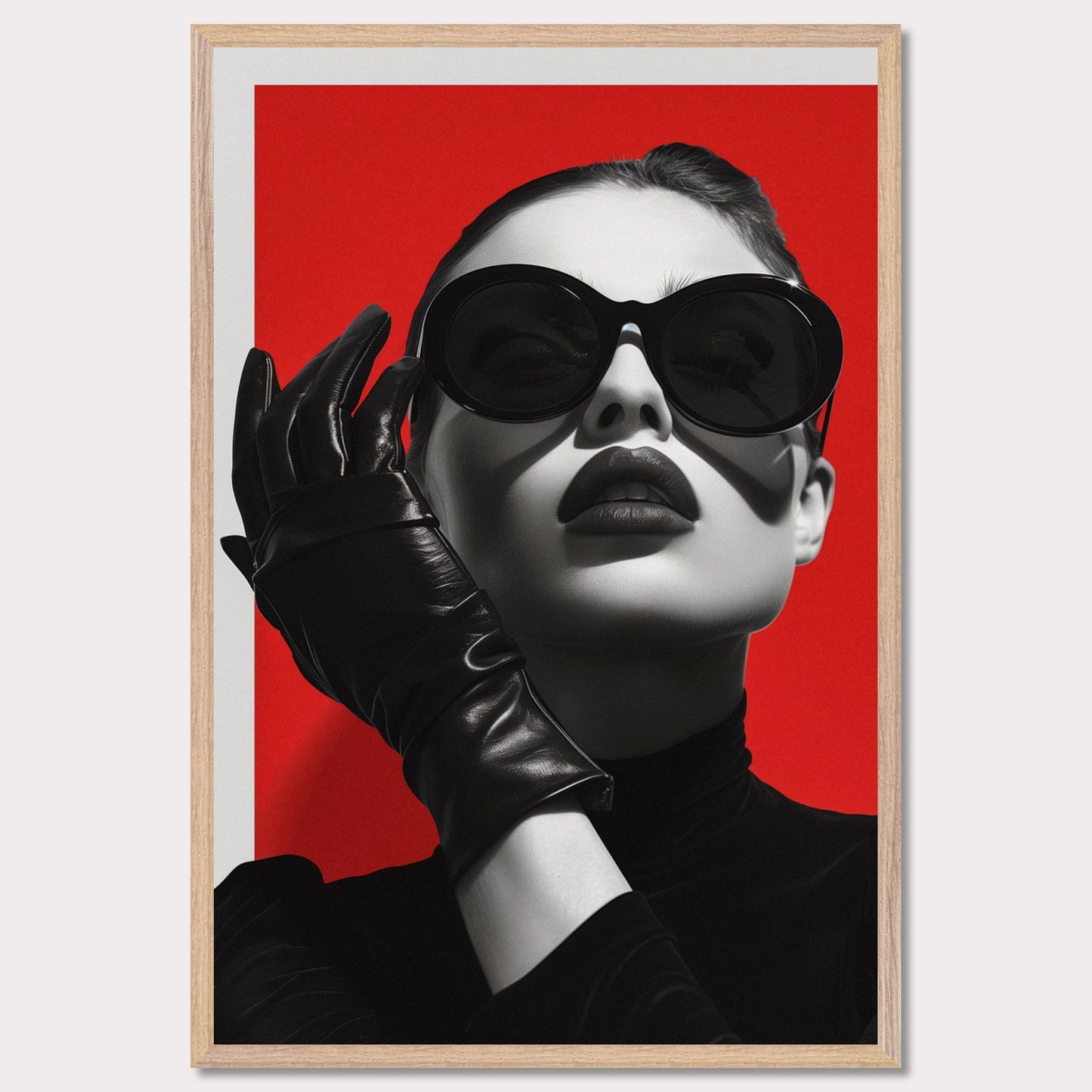 This striking black and white portrait features a stylish woman against a bold red background. Her look is accentuated by oversized sunglasses, dark lipstick, and sleek leather gloves, exuding an air of mystery and sophistication.