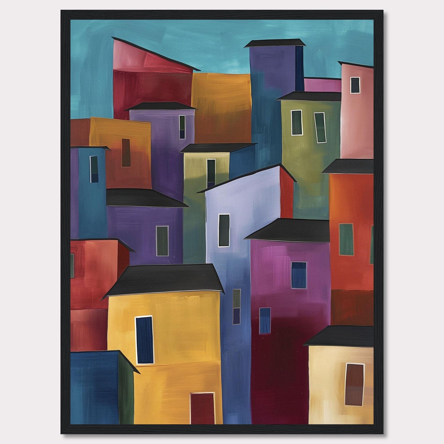 This vibrant painting features a colorful array of abstract buildings, each with unique hues and shapes, set against a serene blue sky. The bold use of colors and geometric forms creates a lively and dynamic cityscape.