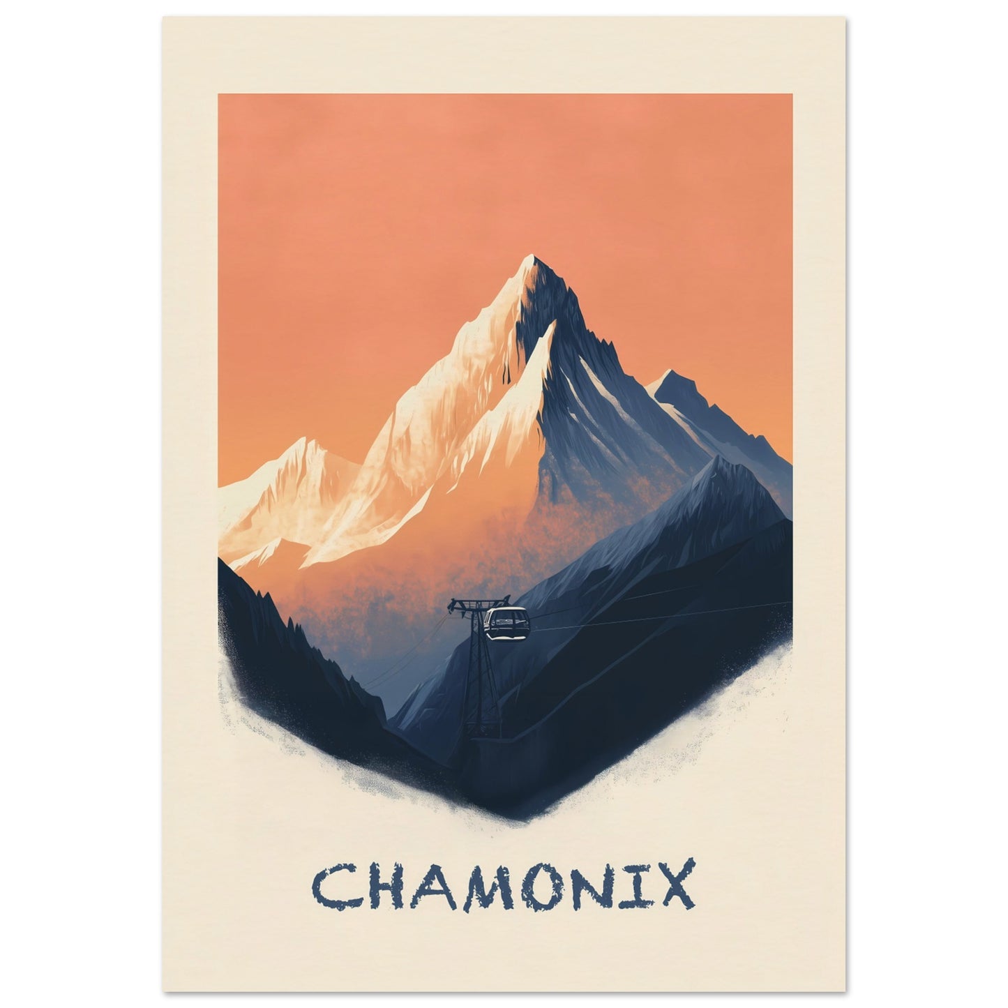 This breathtaking poster captures the rugged majesty of Chamonix, with the towering snow-capped peaks set against a warm, pastel sky. A cable car ascends through the mist, symbolizing adventure, exploration, and the timeless allure of the Alps.