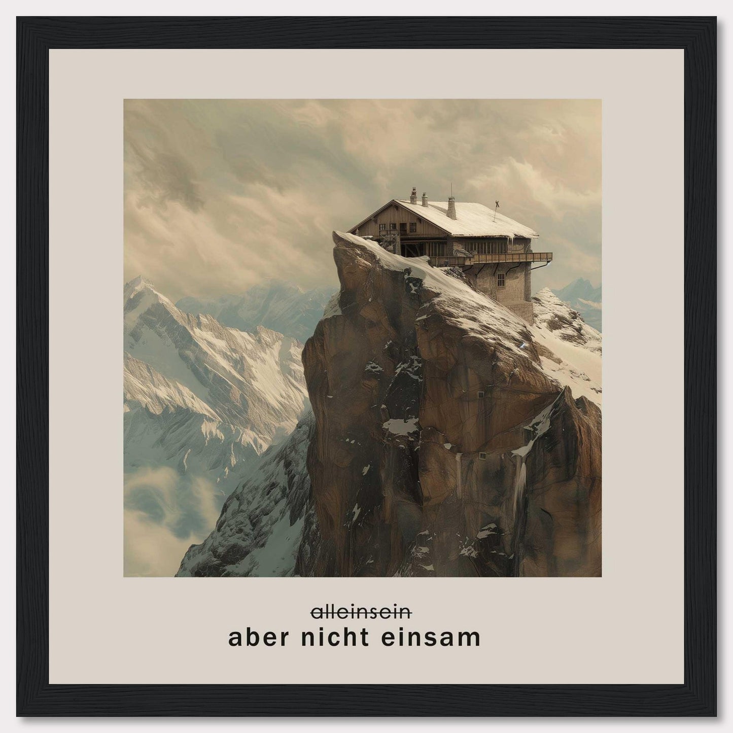 This image depicts a solitary house perched on a rugged, snow-covered mountain peak with a dramatic backdrop of towering mountains and a cloudy sky. The German text below the image reads "aber nicht einsam," which translates to "but not lonely."