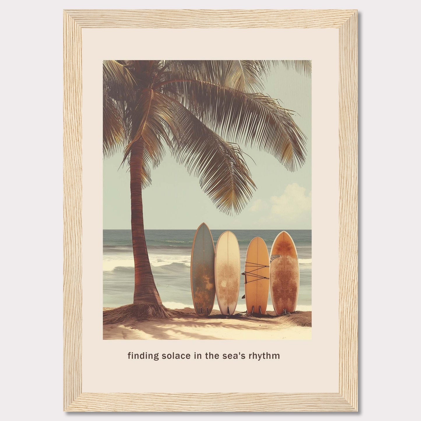 This image captures a serene beach scene with surfboards resting against a palm tree, inviting you to find peace in the ocean's rhythm.