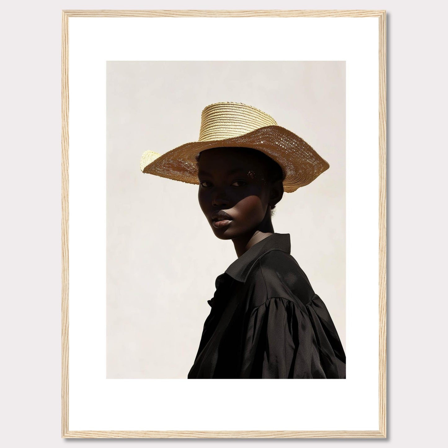 This striking portrait features a person wearing a wide-brimmed straw hat and a black outfit, set against a minimalist light background. The play of light and shadow adds depth and intrigue to the image.