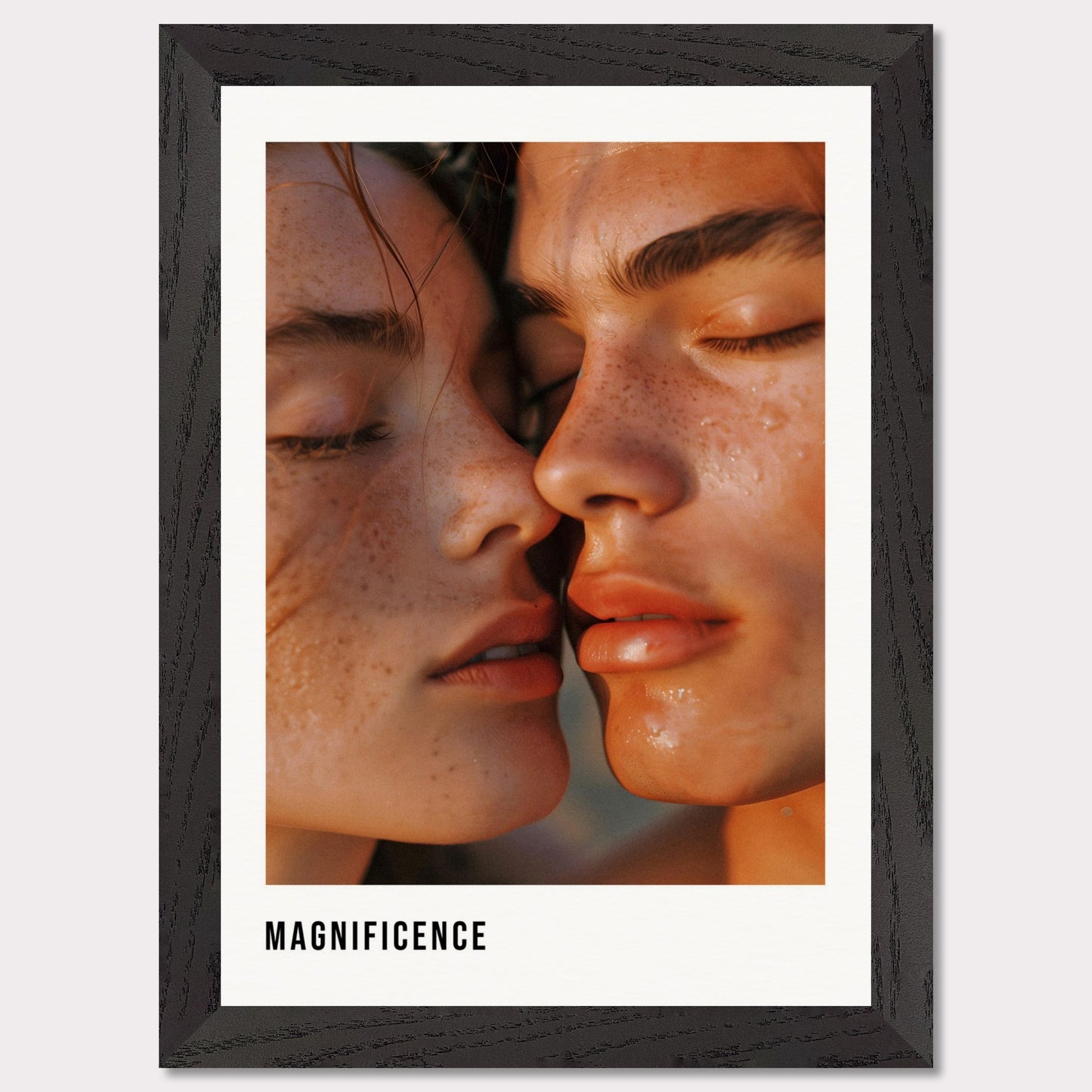 This illustration shows a close-up of two individuals with their faces intimately close, highlighting their freckles and closed eyes.

This poster will fit well in a modern living room, bedroom, or art studio, adding a touch of elegance and intimacy to the space.