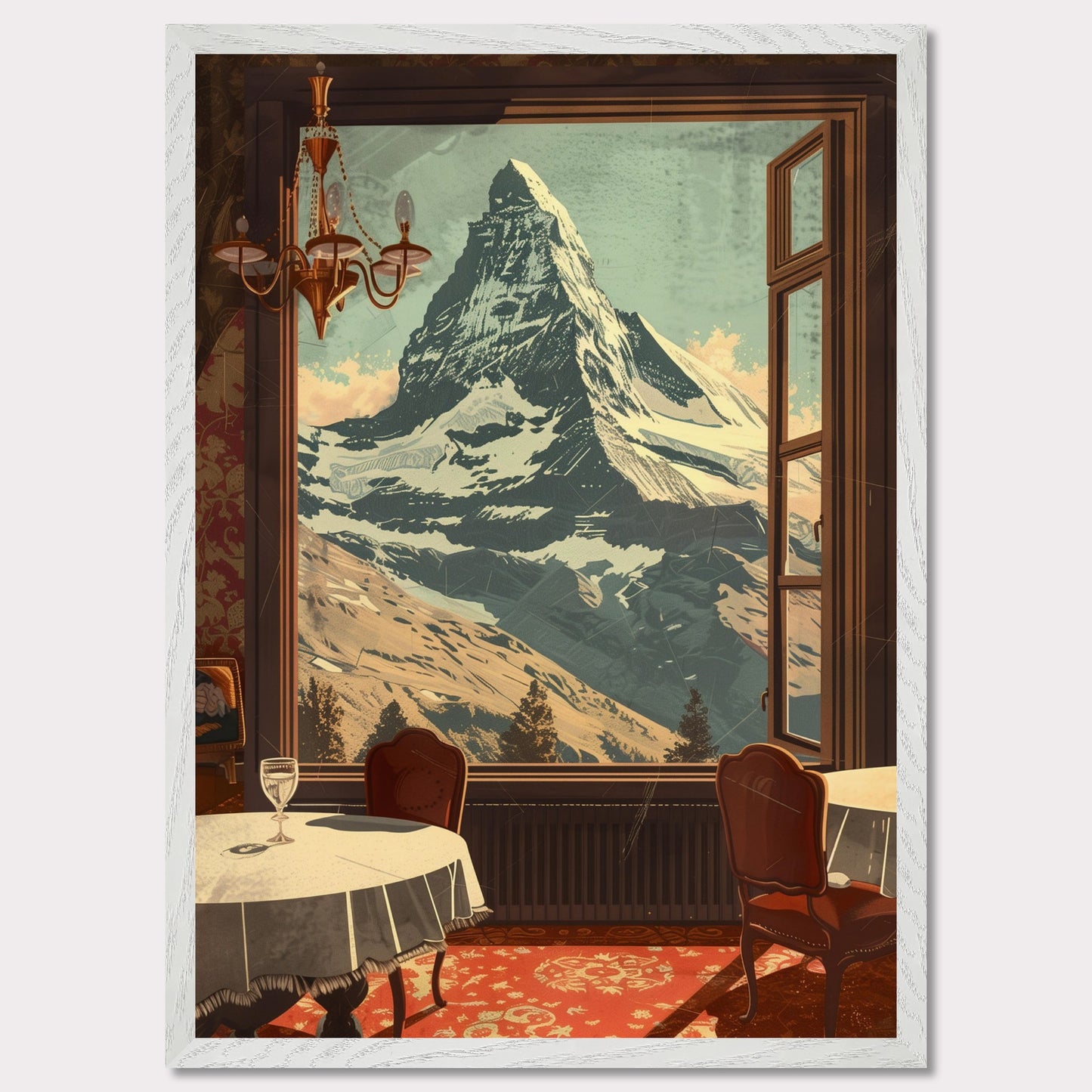 Witness the breathtaking view of a majestic snow-capped mountain through an elegantly framed window. This serene setting features a cozy dining area with classic furniture, a radiant chandelier, and a beautifully patterned carpet.